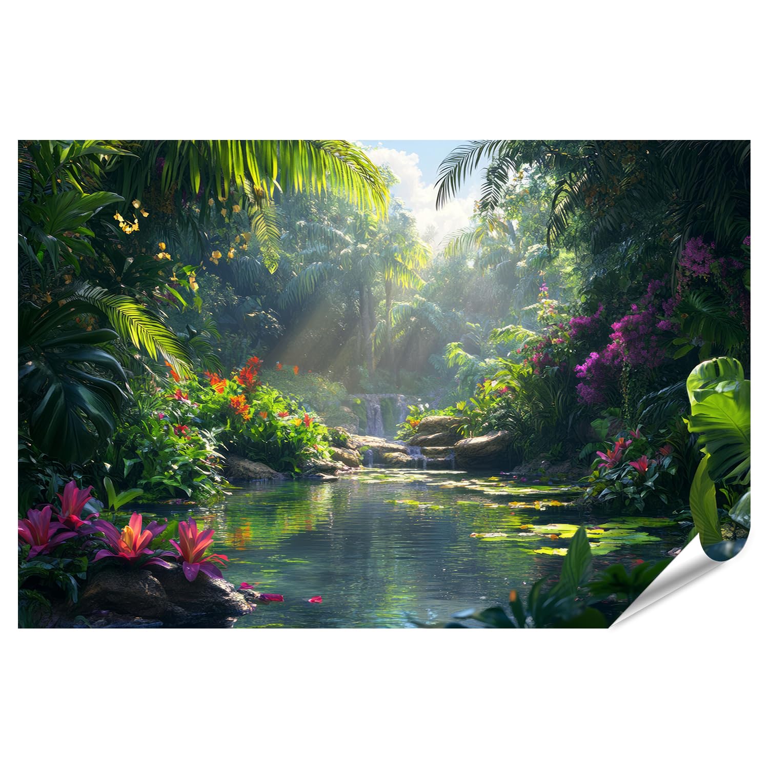 islandburner Prime XXL Bild Poster Tropischer Dschungel mit Wasserfall und Blumen Premium Bilder Fotodruck