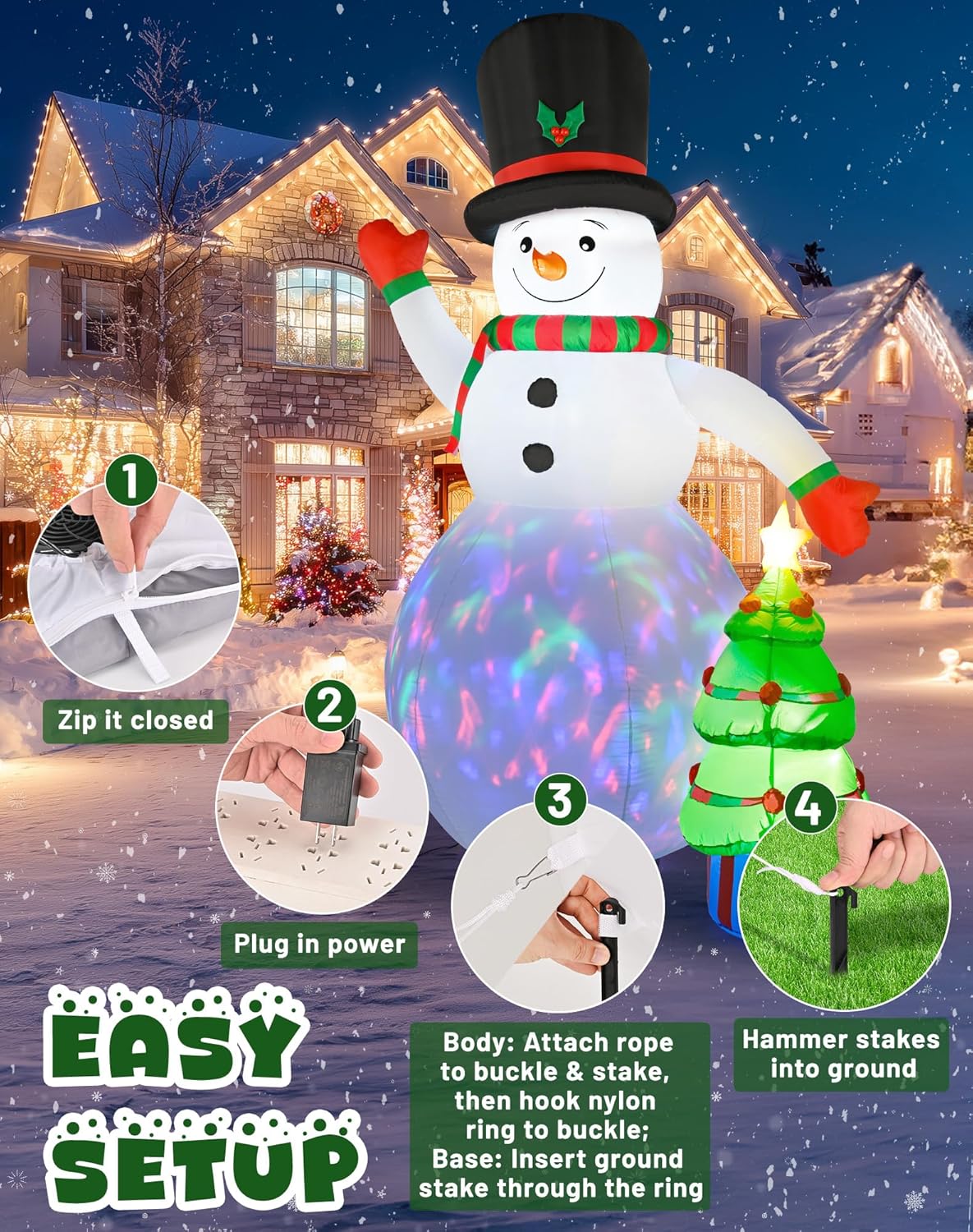 8FT Christmas Inflatables Snowman Outdoor Decorations with Christmas Tree Built-in Colorful Rotating LED Lights Christmas Snowman Blow Ups Decorations for Yard Garden Outside Lawn Xmas Holiday Decor