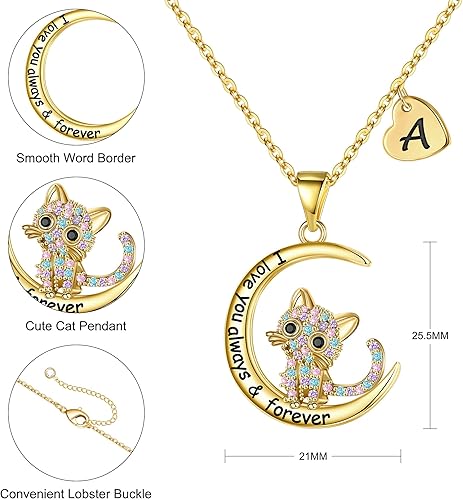 Miniatura 5 de IEFWELL Regalos de gatos para amantes de los gatos, collar de gato chapado en oro de 16 quilates con circonita cúbica colorida, collar con inicial