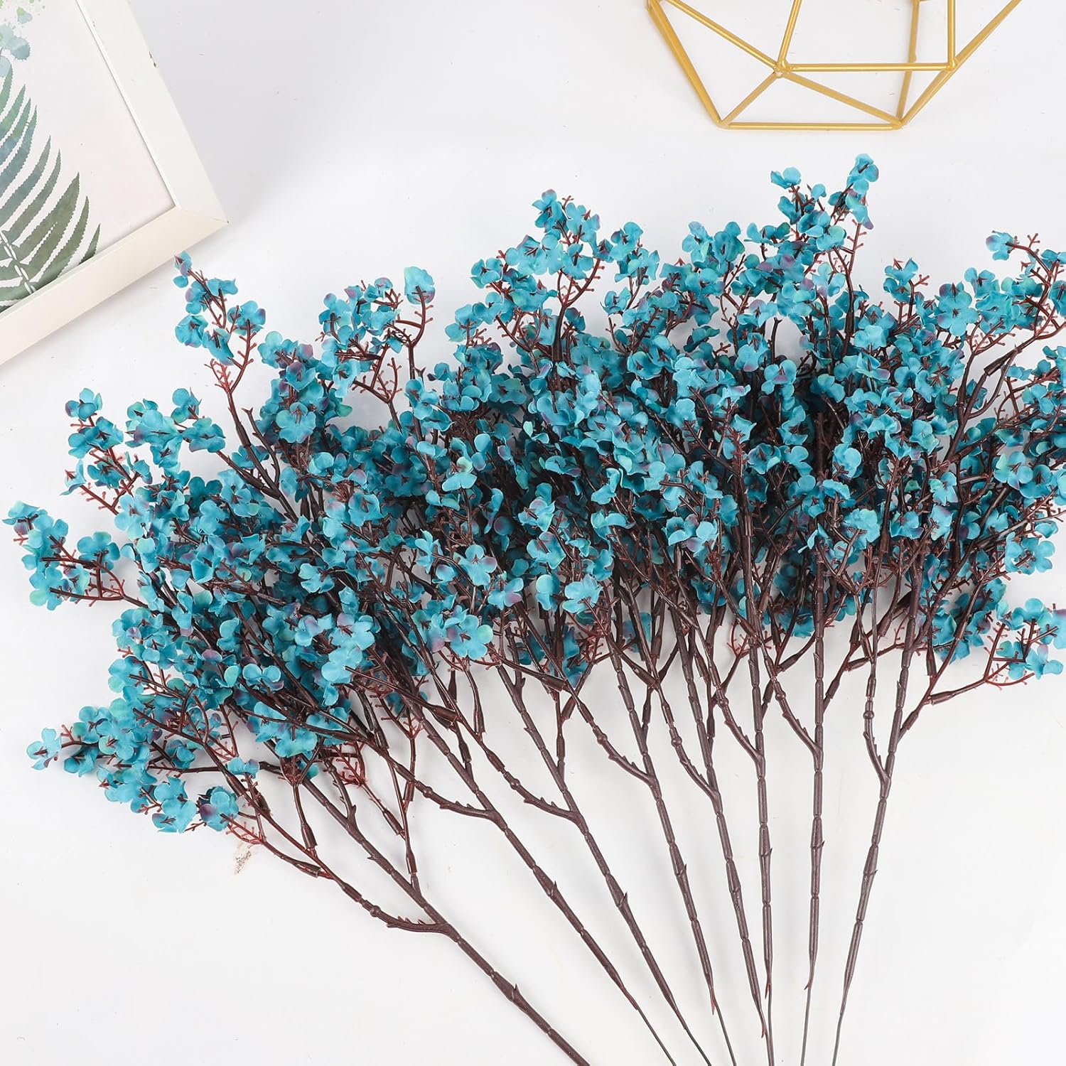 8Pcs Babys Breath Artificial Flowers Silk,Real Touch Peacock Blue Bouquets Flowers for Vase Home Office Wedding Spring Winter Indoor Outdoor Centerpiece Table Decorations