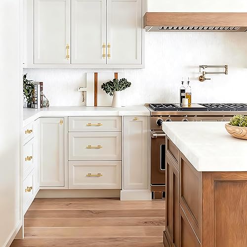 Miniatura 6 de Haliwu Paquete de 10 tiradores dorados para gabinete, manijas de cocina de latón cepillado de 3 pulgadas, herrajes cuadrados para cajones de tocador
