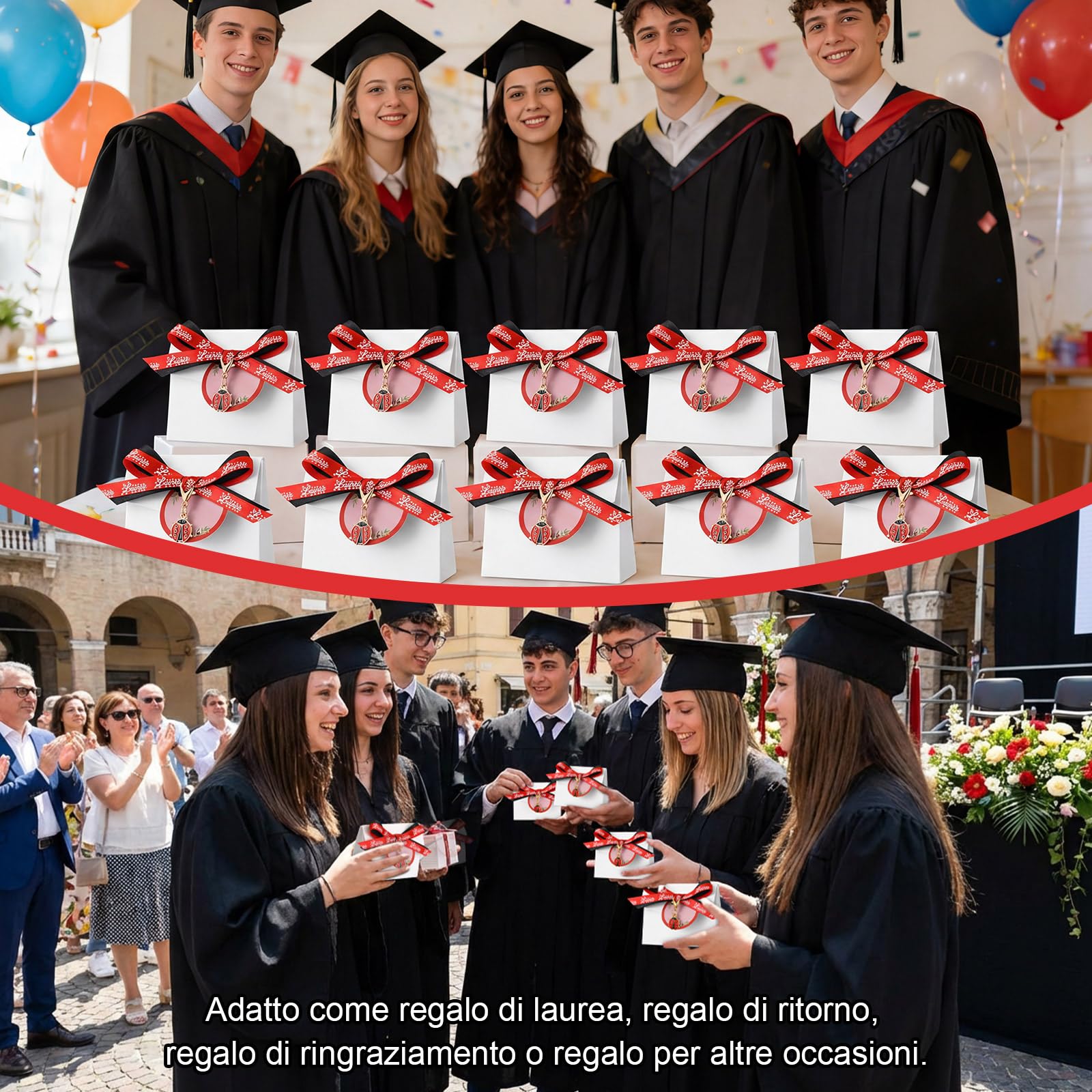 BBTO Bomboniere Laurea 30 Sets di Regalo Laurea Include Portachiavi Coccinella Portafortuna Scatoline Portaconfetti Nastro Rosso e Nastro Nero Bigliettini Bomboniere Fai-da-Te