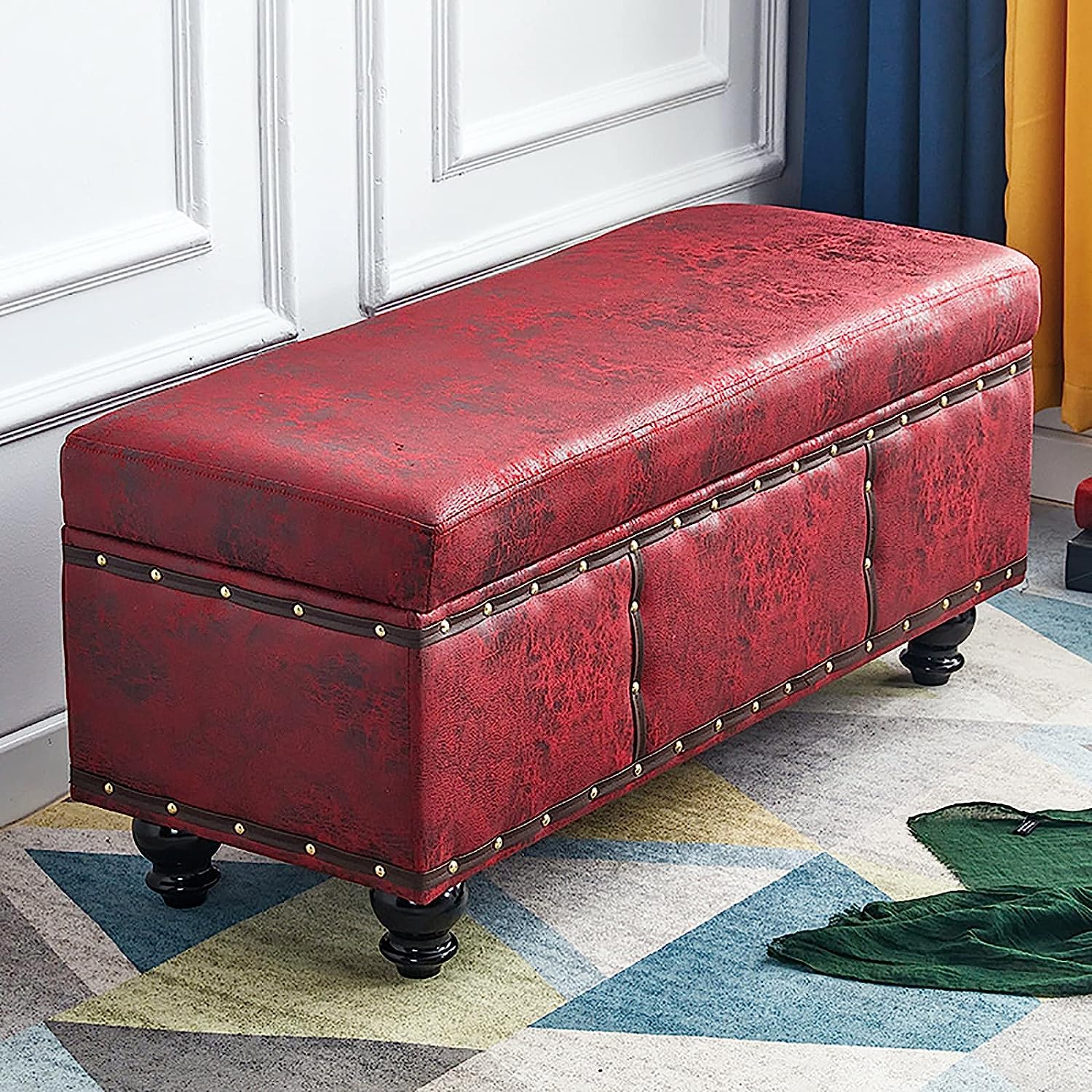 Repose-pieds moderne en similicuir rouge haut de gamme avec coffre de rangement