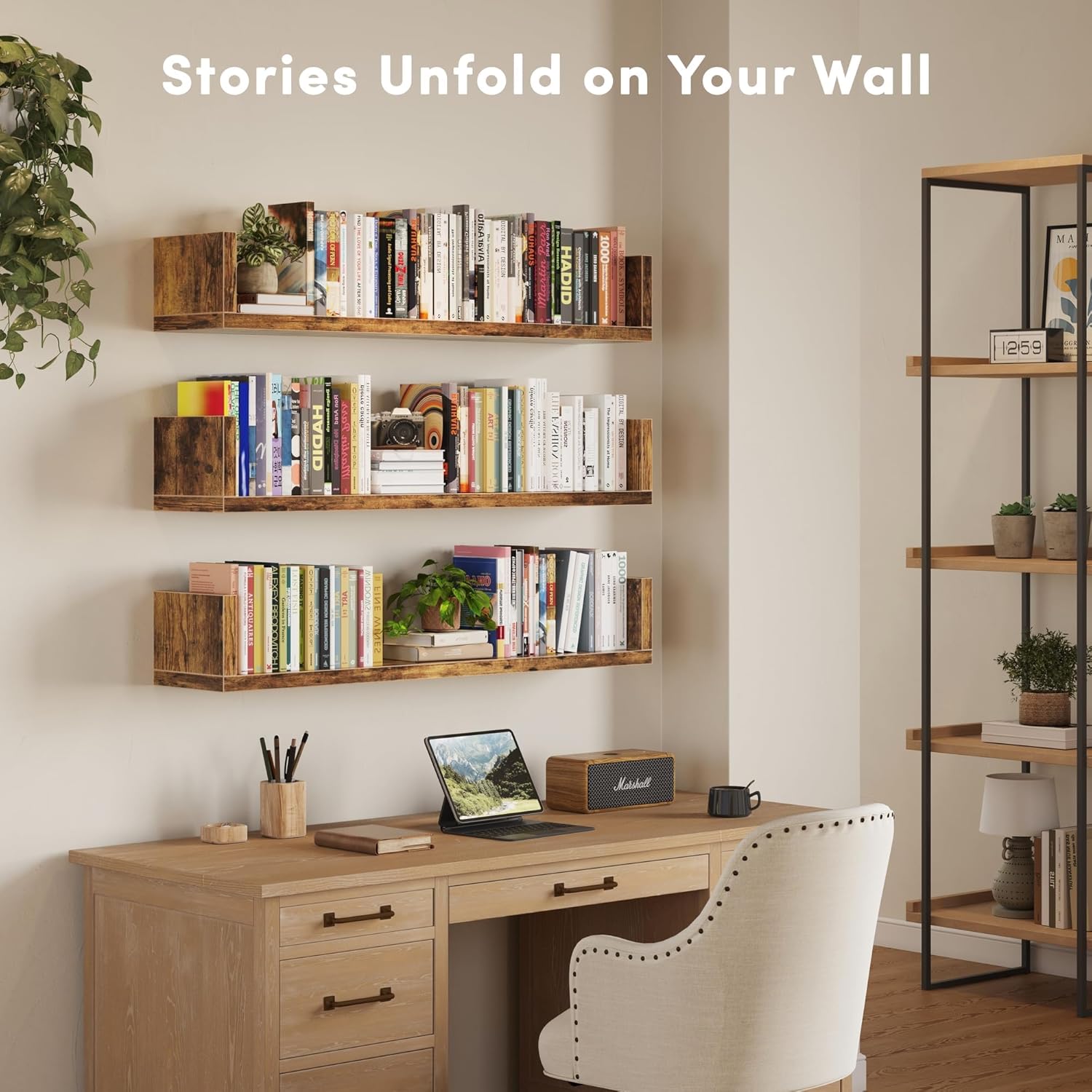 Wall Bookshelf, Set of 3, U Shaped Floating Bookshelf, Hanging Bookshelves for Wall, Wall Mounted Shelves for Living Room Bedroom Office (Rustic Brown, 23.6 Inches, 3)