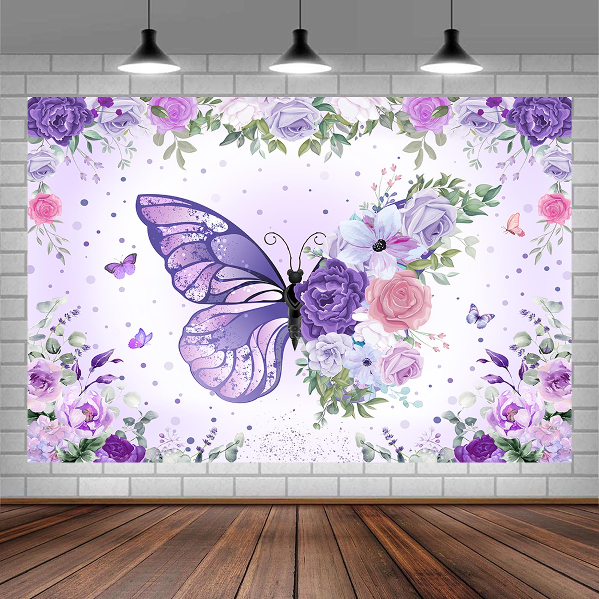 7 x 5 ft Purple Butterfly Birthday Backdrop for Girl's Flower Leaves Floral Pastel Butterflies Birthday Background Pink Princess Gold Rose Butterfly