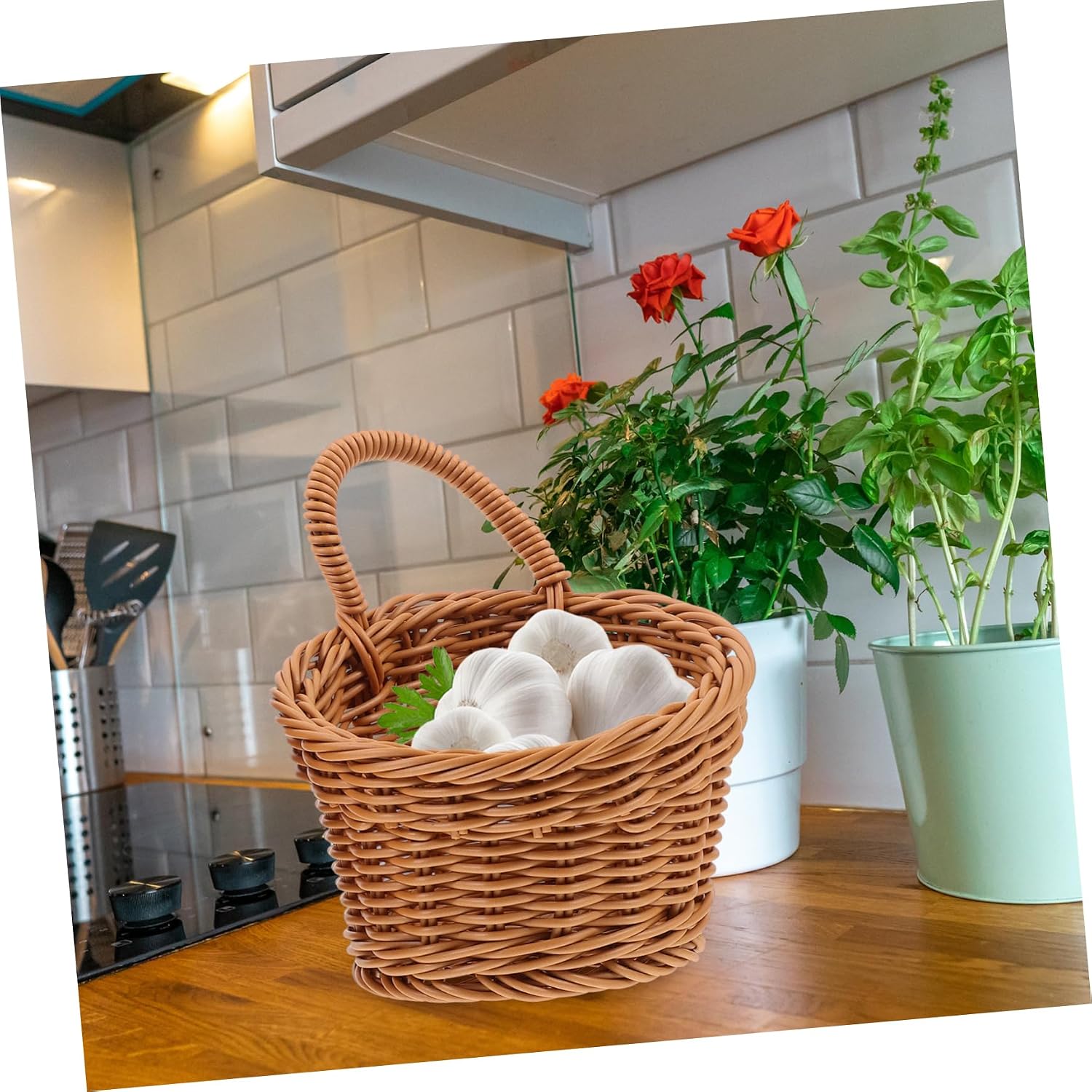 Kichvoe Wall Hanging Basket for Onion Ginger Garlic Storage 7.28X6.10X6.10In Woven Kitchen Organizer with Handle Rustic Wall Mounted Fruit Vegetable Storage