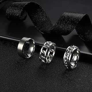 3Pcs Mens Rings for Men Women Stainless Steel Silver Black Rings Band Ring Cuban Link Chain Rings Spinner Ring Men's Promise Wedding Rings Set