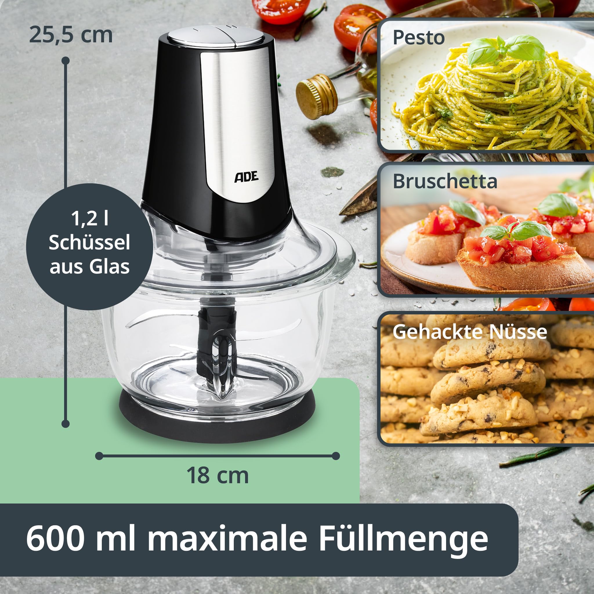 ADE Kraftvoller elektrischer Zerkleinerer | starker 500 W Motor | große 1,2 l Glasschüssel | 4 Edelstahlklingen | 2 Geschwindigkeiten | Zwiebeln, Gemüse, Fleisch | Zwiebelschneider