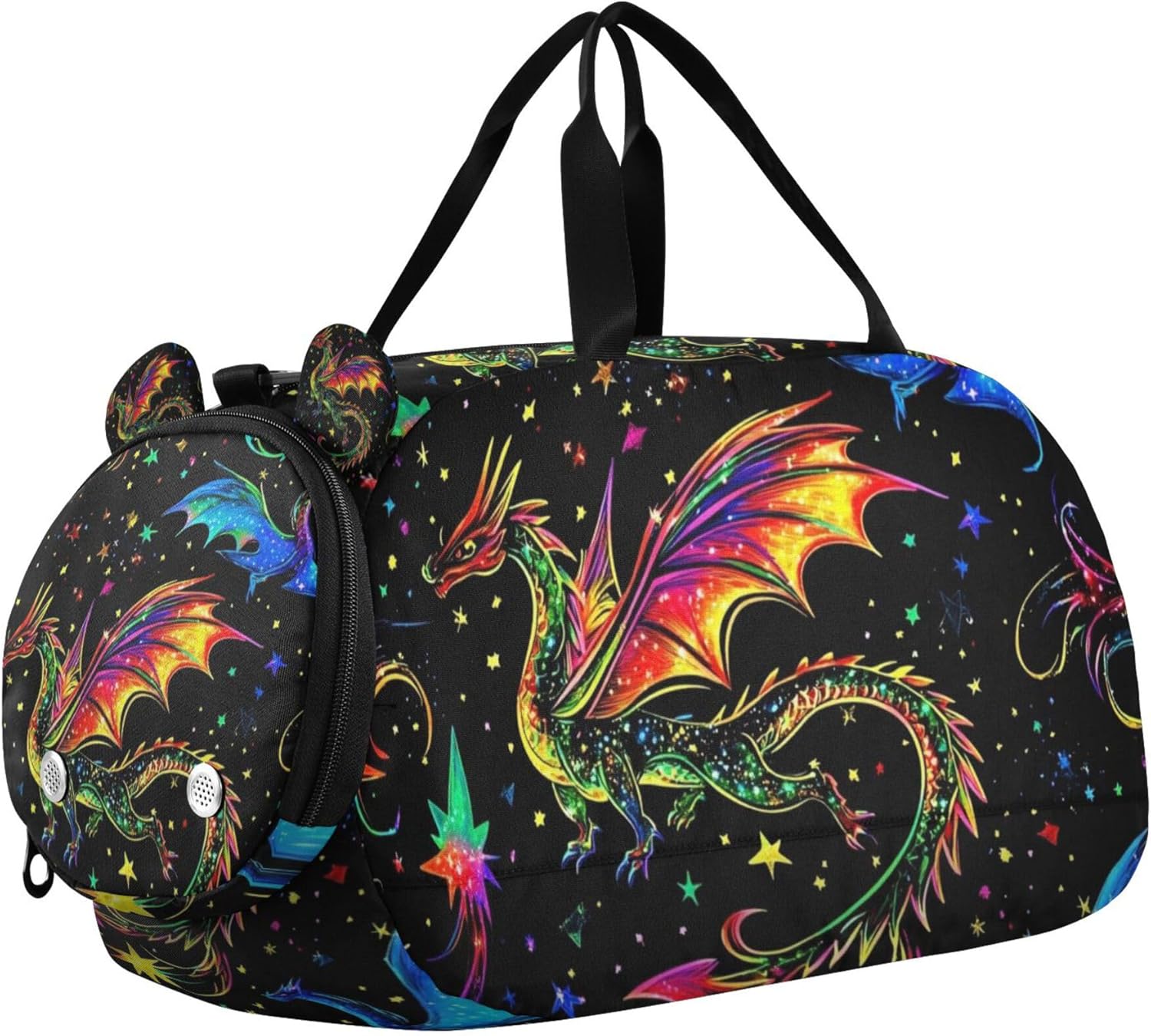 Dragons and Stars Magic Sports Duffle Bag for Teens Girls Boys, Gym Bag with Shoe Compartment, Kids Travel Overnight Weekender Shoulder Bag