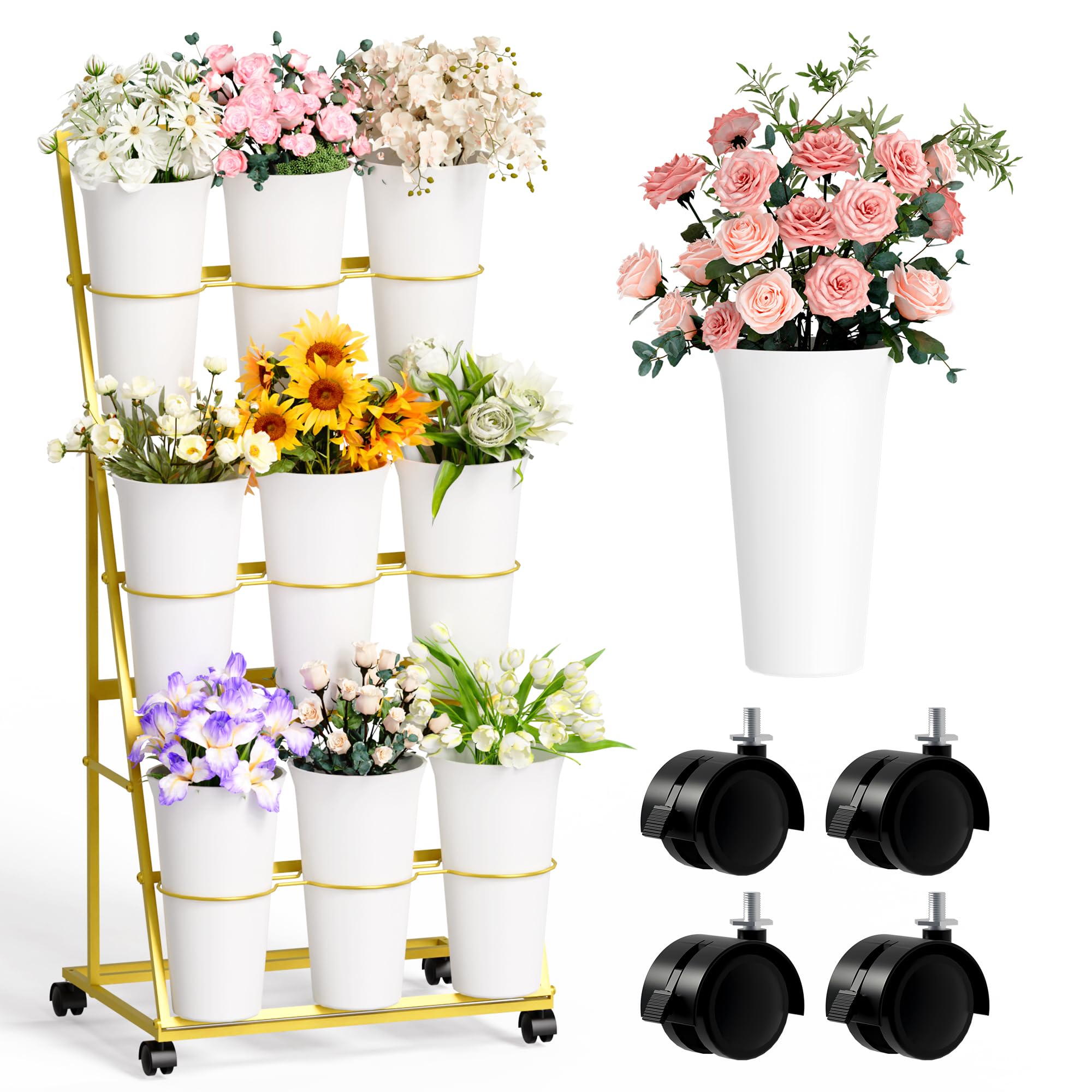 Photo 1 of Invech Flower Display Stand with 9 Buckets, 3 Tier Flower Cart Display Stand and Wheels for Indoor Outdoor Garden, Wedding, Flower Shop (Gold)