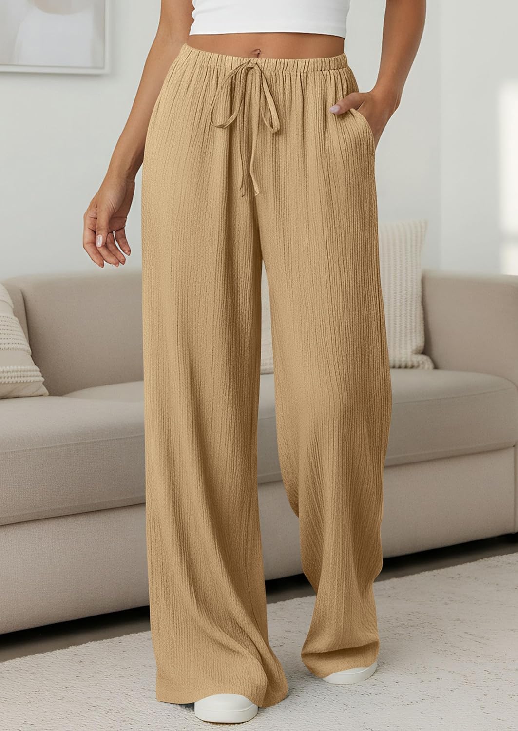 PRETTYGARDEN Womens Palazzo Pants Summer Fashion 2026 High Waisted Wide Leg Drawstring Flowy Beach Trousers with Pockets - Image 3