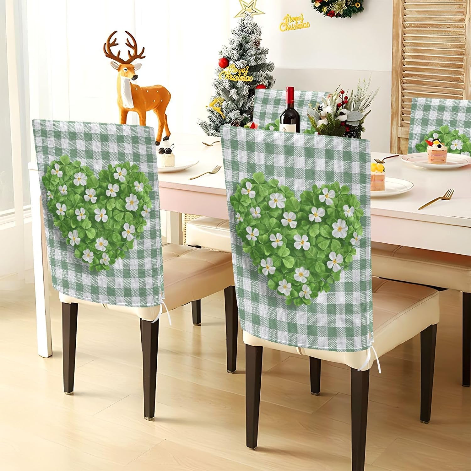 ALAZA Cute Clovers Flowers Plaid Chair Back Cover Set of 6, Washable Reusable Removable Chair Slipcovers Decorative Chair Cover for Home Kitchen Wedding Party