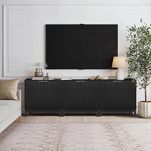 Miniatura 11 de Armario estriado con almacenamiento, aparador de 2 puertas, armario moderno con estante ajustable para cocina o sala de estar, ceniza natural