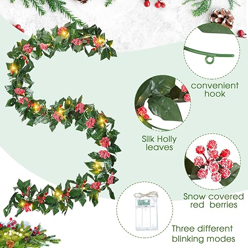 Miniatura 5 de Glitinsel 2 guirnaldas de Navidad de 9.8 pies con luces, guirnalda de bayas rojas, decoración de Navidad, guirnalda de hadas artificiales cubiertas