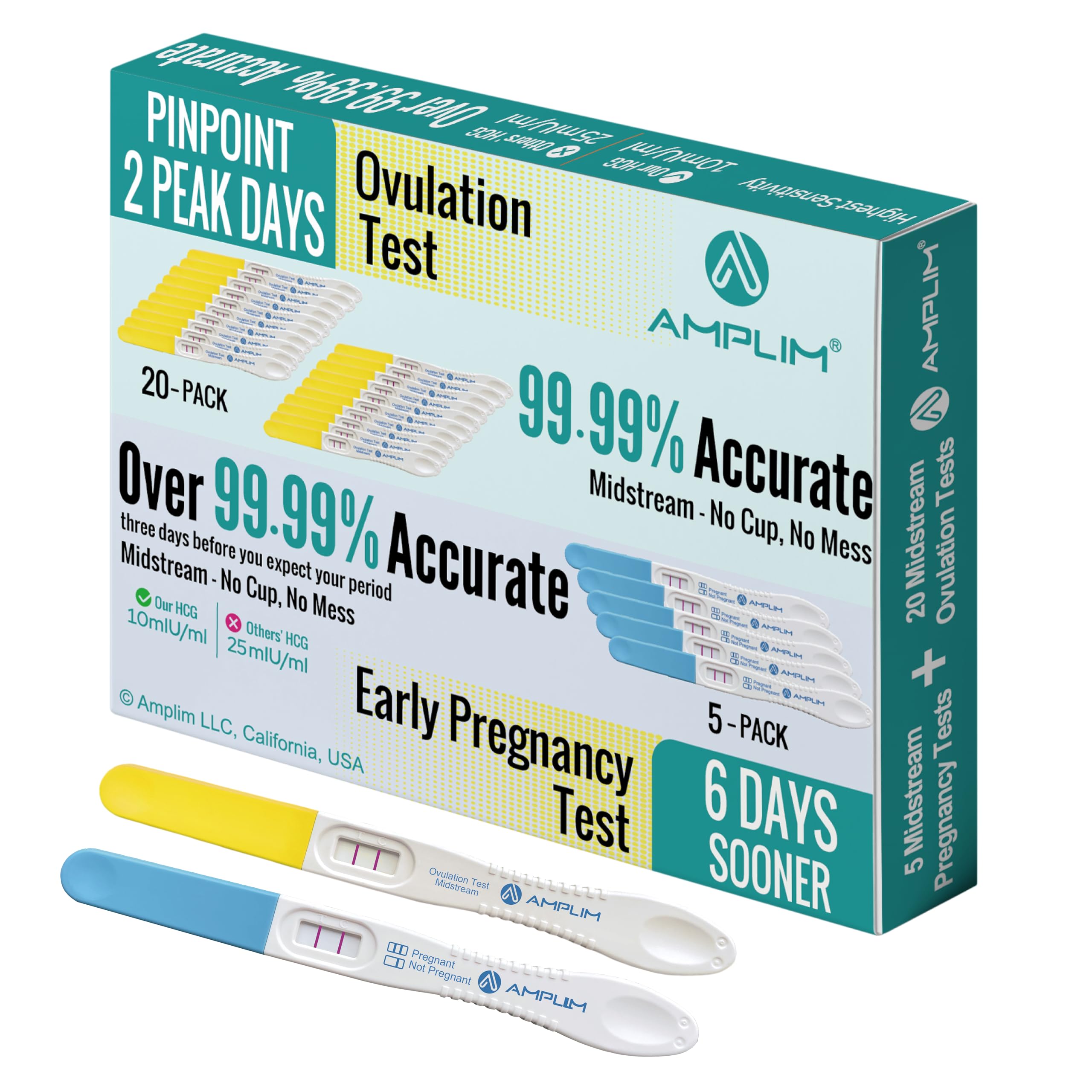 Amplim Pregnancy Test and Ovulation Tests Kit, 25 Pack Bulk Early Detection HCG & LH Sticks, FSA HSA Eligible, 99.99% Accurate at Home Predictor 6 Days Early Result, Extra Sensitive Fertility Tracker