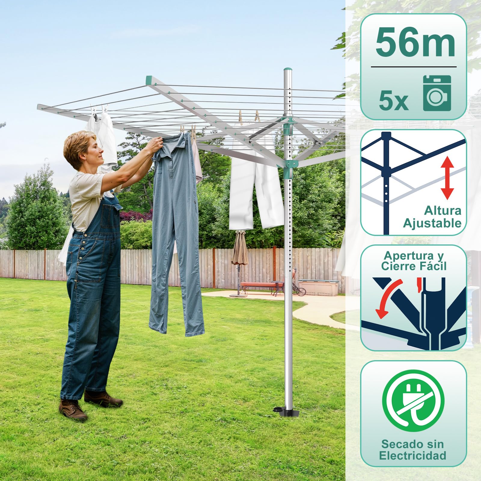 Innotic Tendedero para Exteriores, 4 Brazos 56 m, Tendedero Rotary Lift-O-Matic, Acero Inoxidable, Impermeable, Regulable en Altura, Apto para jardín, Capacidad máxima de Carga: 28 kg