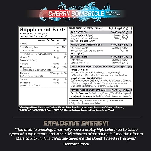 Miniatura 5 de PMD Sports Ultra Pump Fuel Insanity - Pre entrenamiento - Cherry Bombsicle (30 porciones) Sports CG5 Premium Creatina y L-Glutamina en polvo (60