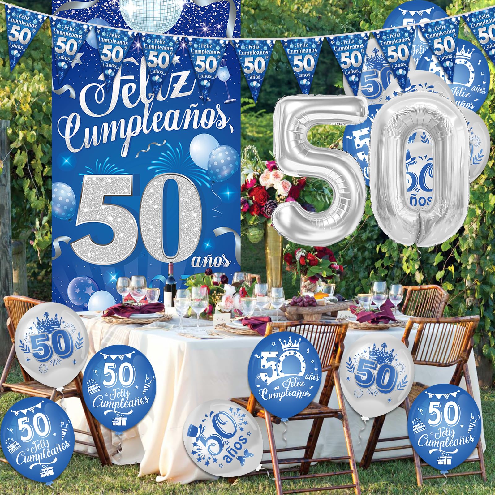 Décorations Anniversaire 50 Ans Homme Bleu Argent – Kit Complet : Bannière, Banderines, Ballons Géant 50, Confettis – Thème Élégant Espagnol