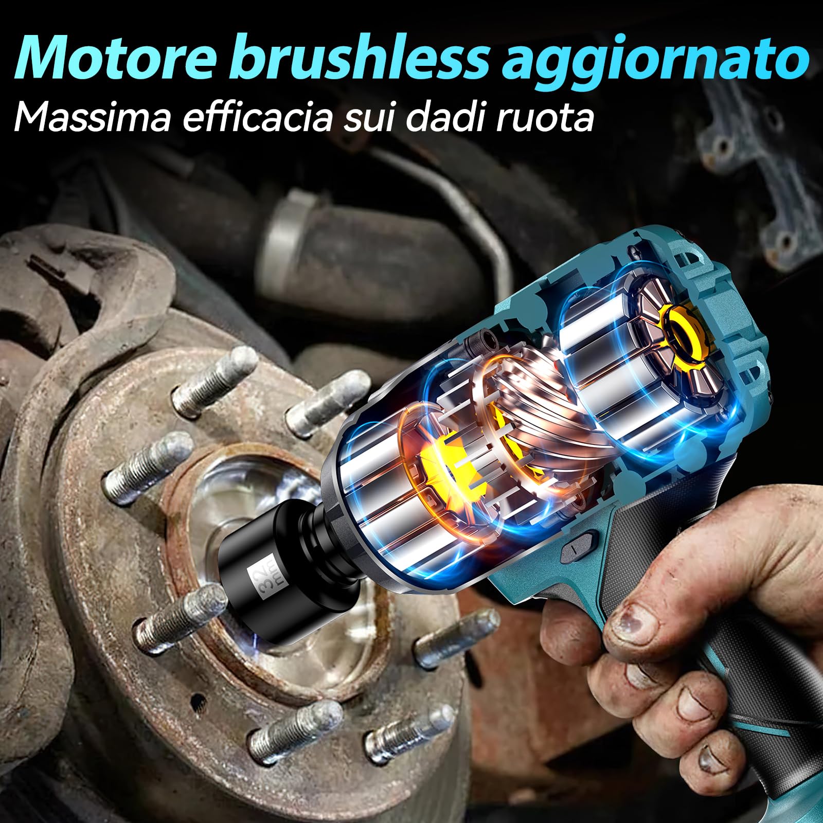 Avvitatore a impulsi a batteria 1600 Nm 1/2", 2 batterie 4000mAh con caricatore rapido, 21V Avvitatore Elettrico bussole 17-19-21-24 mm + prolunga 5", ideale per auto, camion, garage, officina