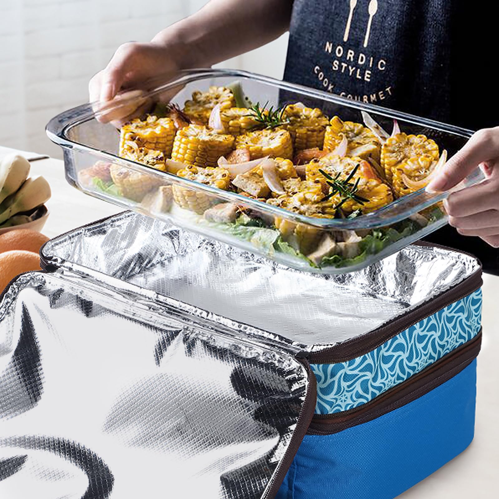 MIER Bolsa de transporte de doble cacerola térmica para equipaje de lasaña, fiestas de comida, picnic, playa, se adapta a platos de hornear de 9 x 13 pulgadas, cacerola, expandible por cremallera
