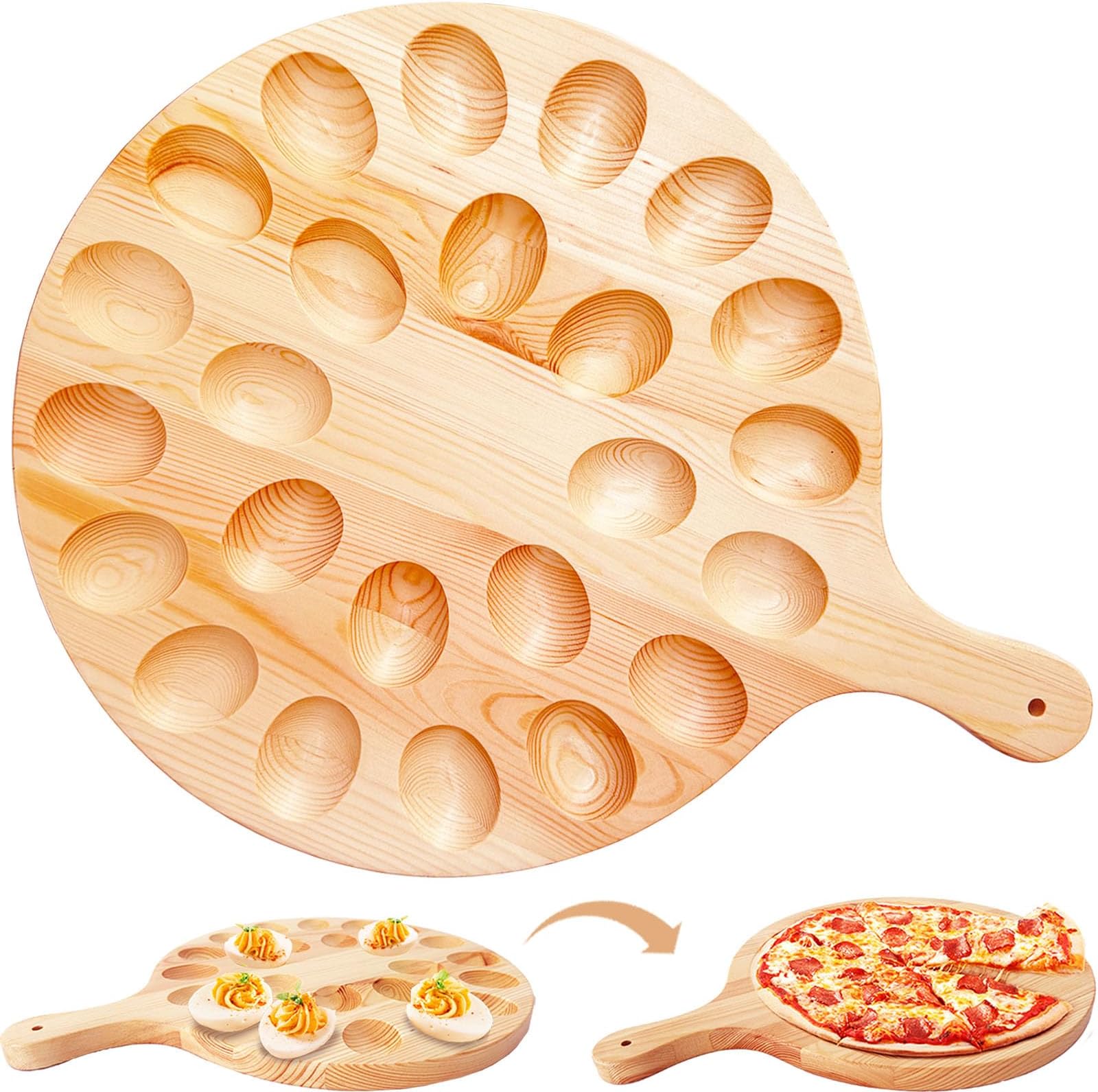 Deviled Egg Platter,Wooden Deviled Egg Tray,Reversible 24 Holes Round Egg Holder Container Charcuterie Board for Kitchen Countertops,Serving Tray