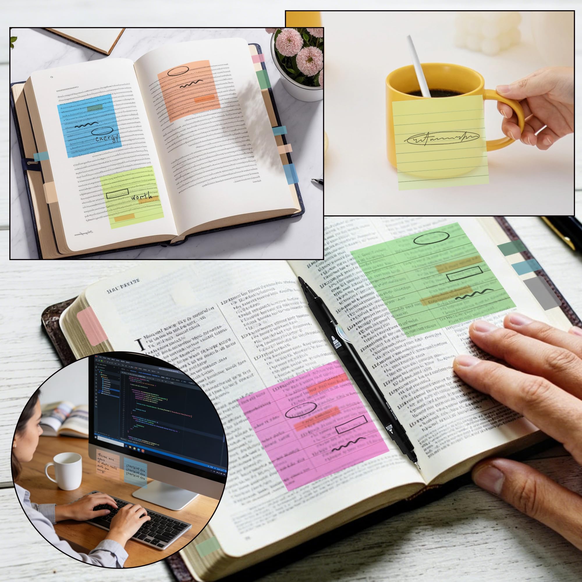 Vuzvuv 920 hojas de notas adhesivas transparentes con bolígrafo, juego de notas adhesivas translúcidas de 3 x 3 pulgadas para pestañas de la Biblia, pestañas de libros, suministros escolares de