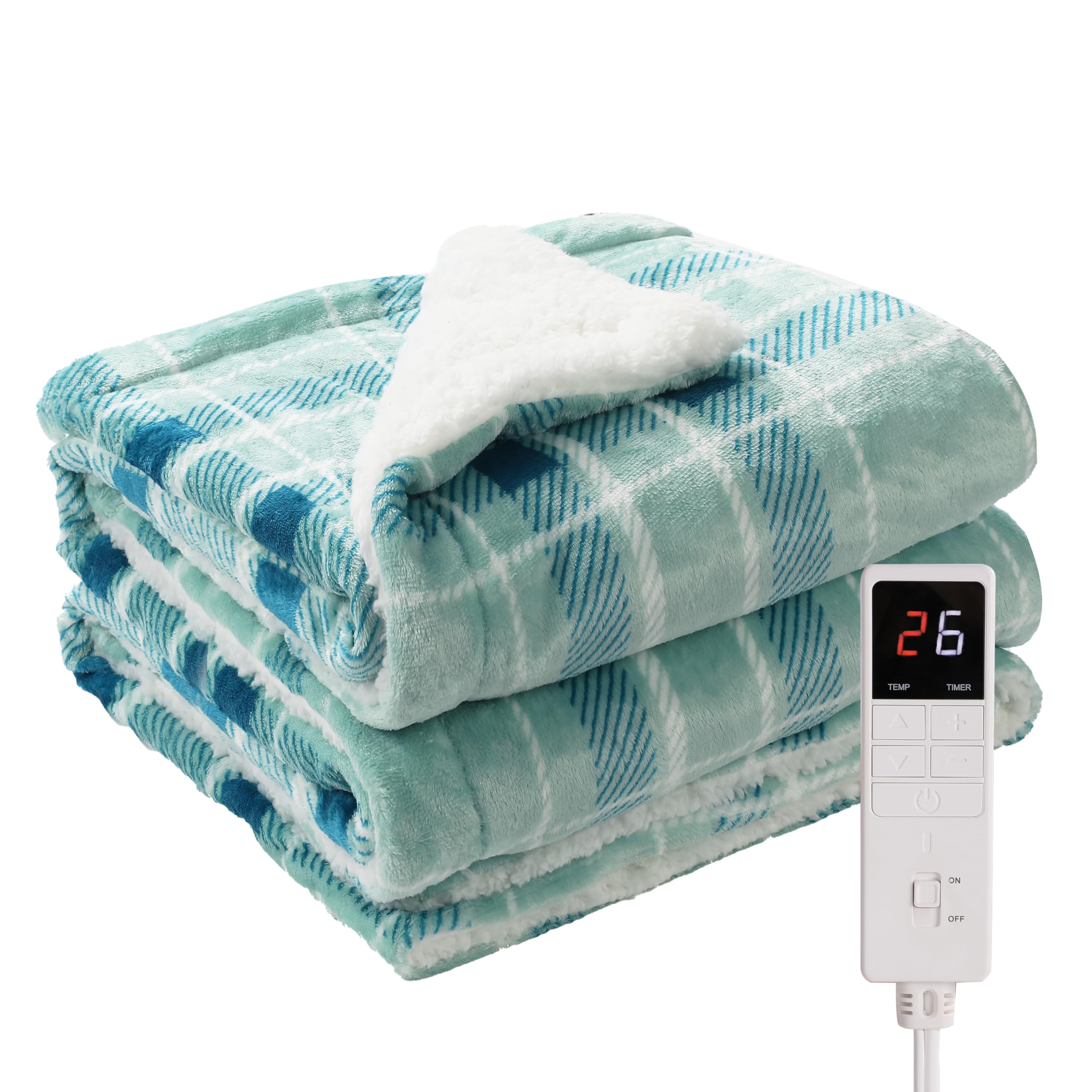 Manta térmica eléctrica individual 130 x 160 cm - Manta de franela a cuadros esponjosa con acolchado, suave y transpirable, 9 niveles de temperatura y temporizador de 9 horas, manta eléctrica para