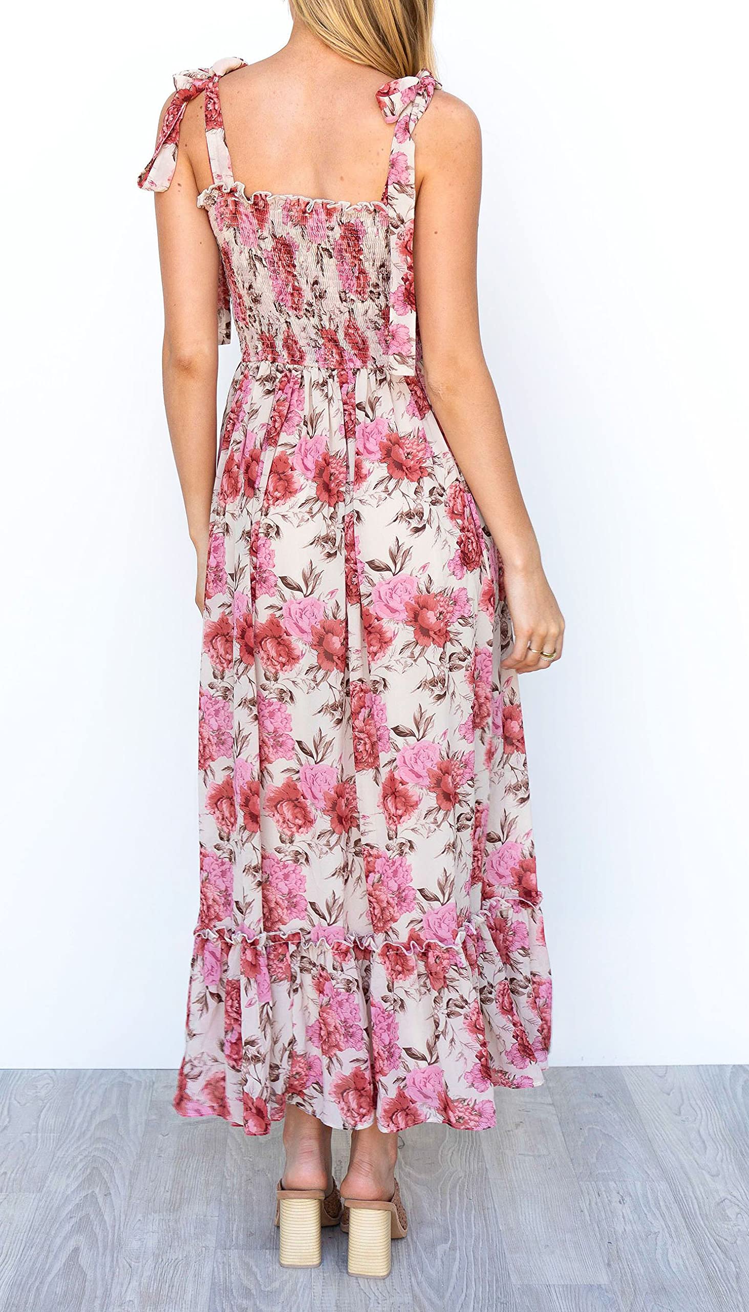 Imily Bela Womens Summer Floral Boho Dress Tie Strap Square Neck Smocked Ruffle A Line Beach Long Maxi Dresses