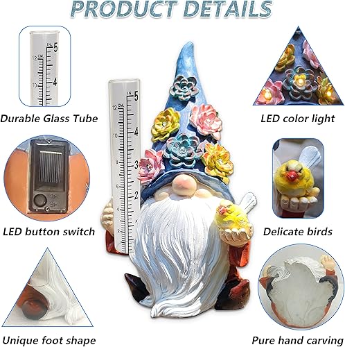 Miniatura 8 de Gnomos de resina Medidores solares Rian,Estatua de jardín de gnomos de resina con un medidor de lluvia de vidrio,Medidor de agua de escultura