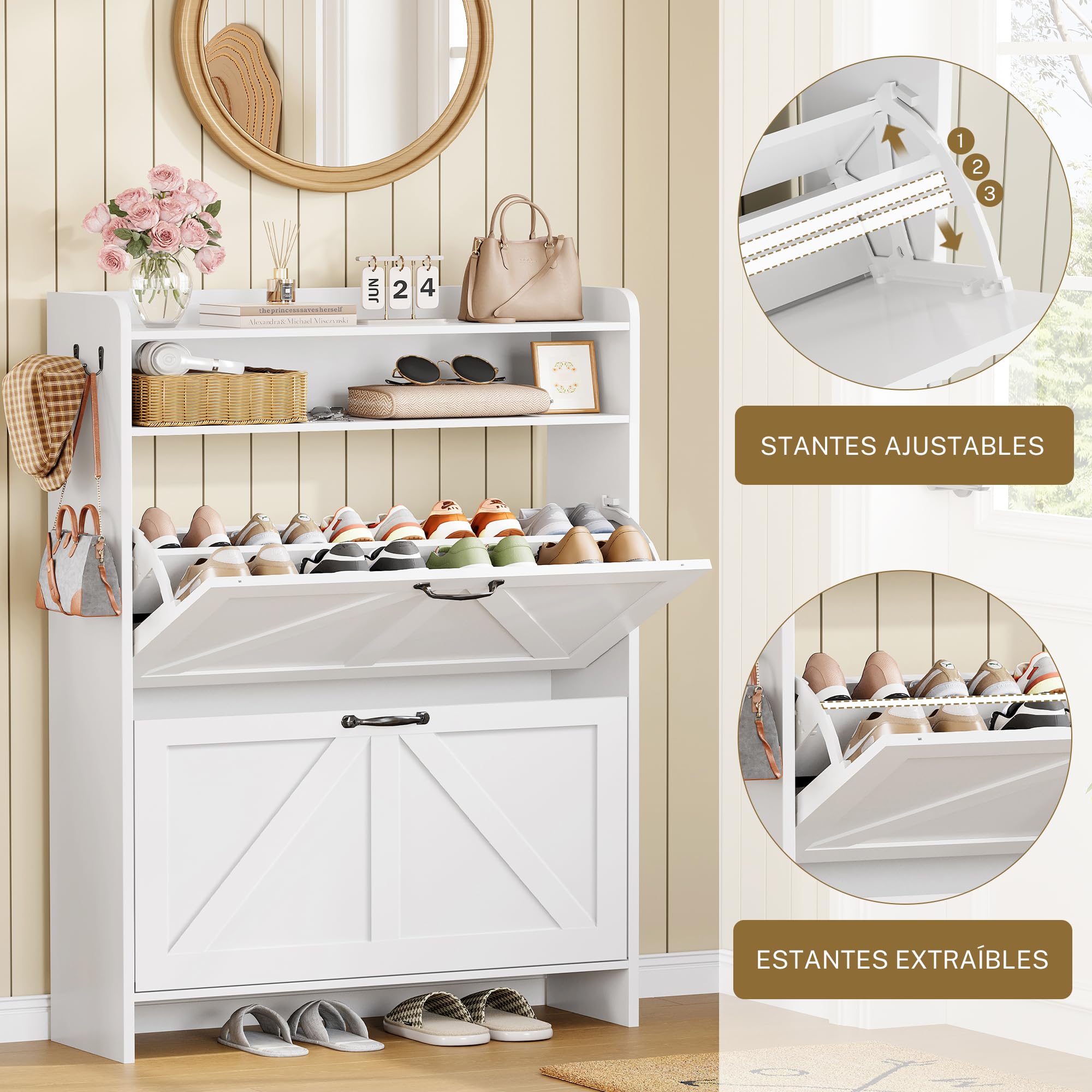 Zapatero Recibidor 24cm, Mueble Zapatero con 2 Cajones y Estantes Ajustables, para 16-20 Pares de Zapatos,Zapatero Estrecho Ideal para Entrada, Salón, Pasillo,24 x 76 x 112 cm, Blanco