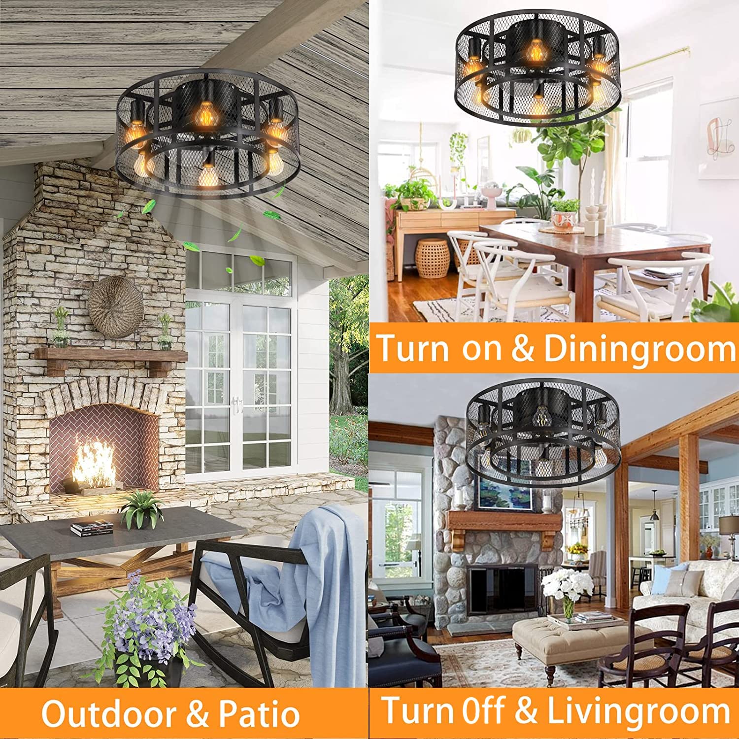 Ohniyou Cage Ceiling Fan with Light, 21 Inch Farmhouse Low Profile