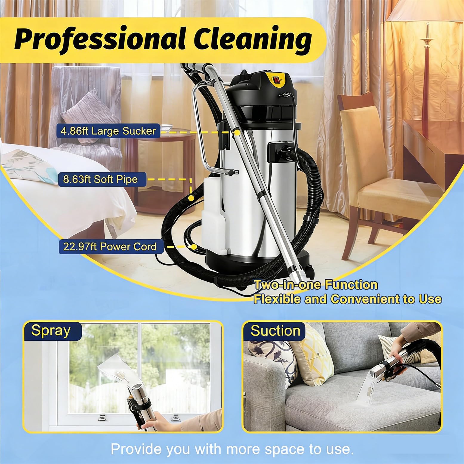 Máquina Profesional de Limpieza Profunda, 3 en 1, con champú para alfombras y aspiradora en seco y húmedo con función de pulverización, 6 Accesorios incluidos. 20L