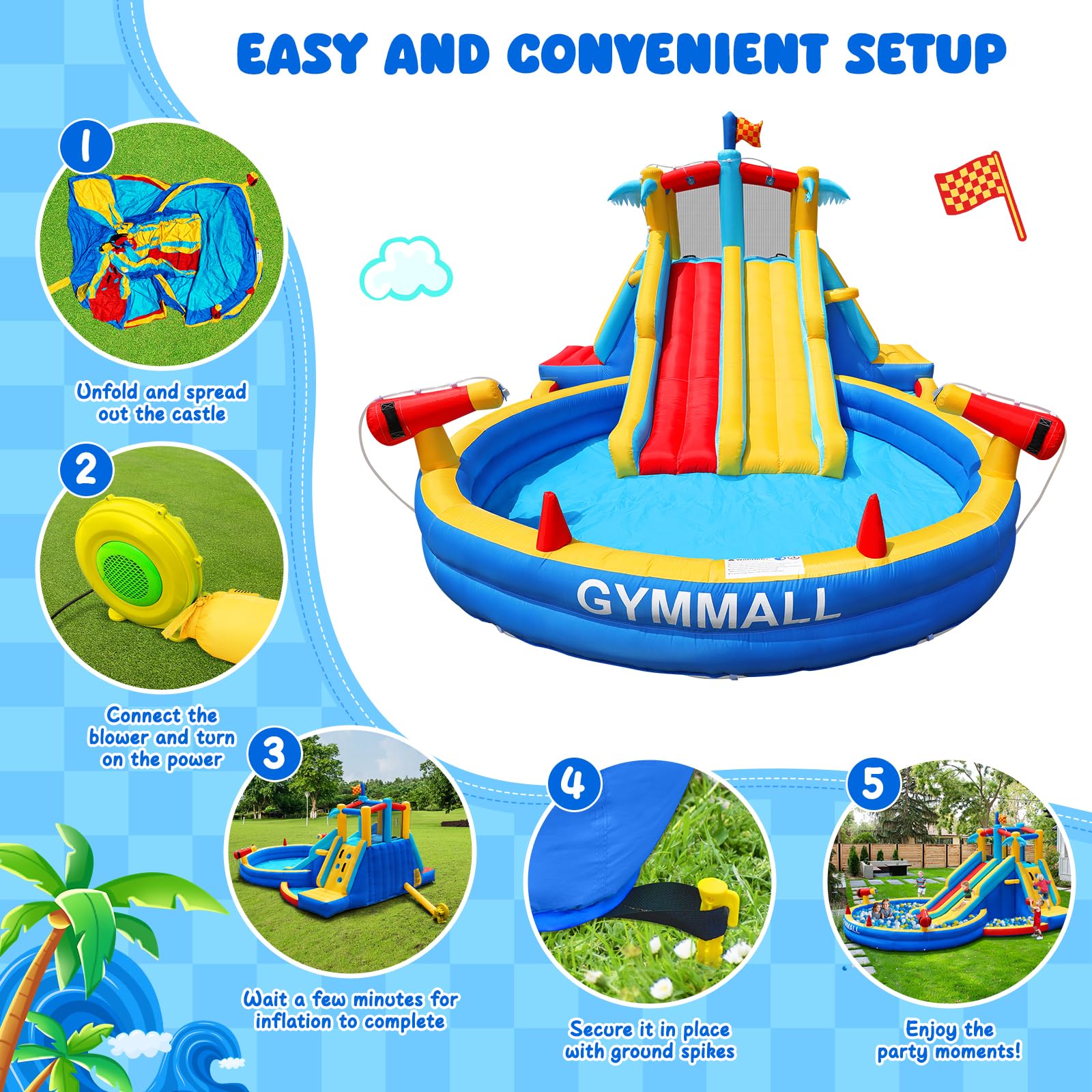 Castello Gonfiabile scivolo acquatico ventilatore 550W, centro gioco acquatico gonfiabile piscina interno esterno doppio scivolo parete arrampicata canestro giardino cortile