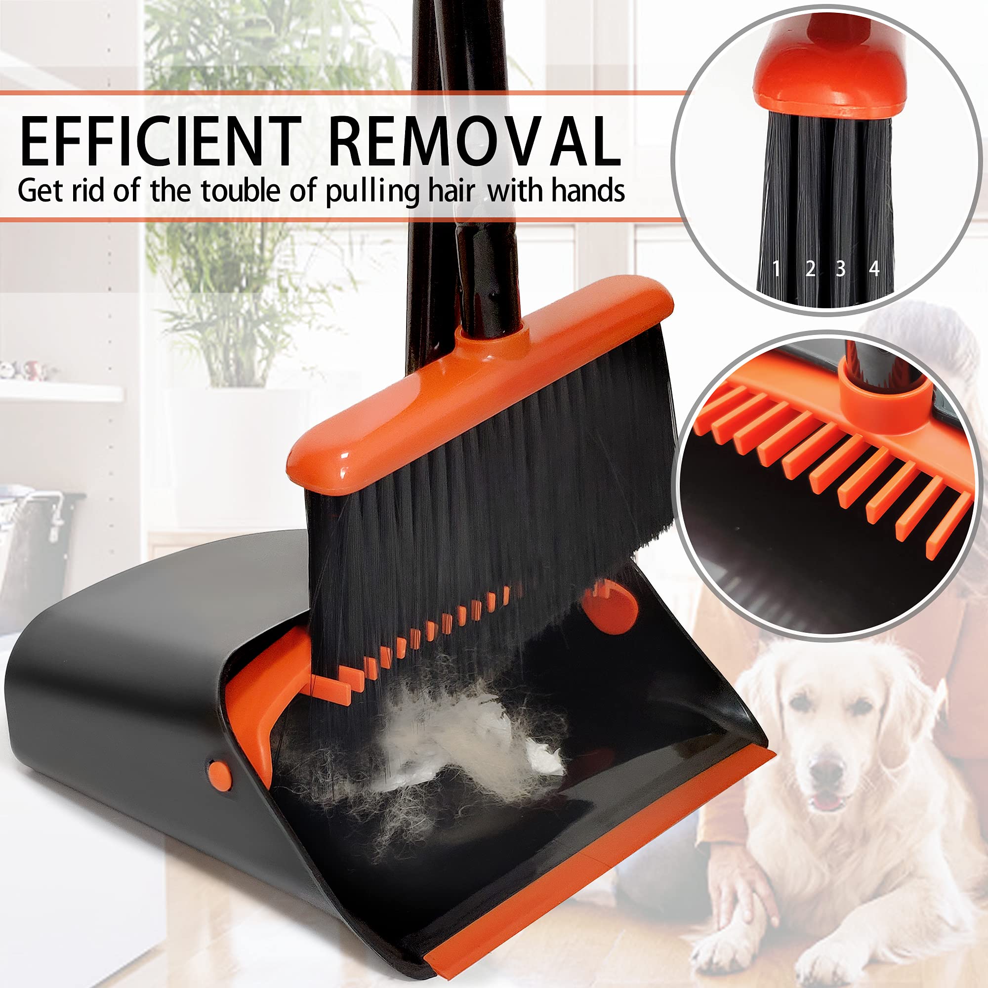 Broom and Dustpan Set for Home, JEHONN Long Handle Lightweight Indoor Broom Set Heavy Duty, Upright Standing Dust Pan with Comb Teeth Store Sweep Set for Room Kitchen Office Lobby