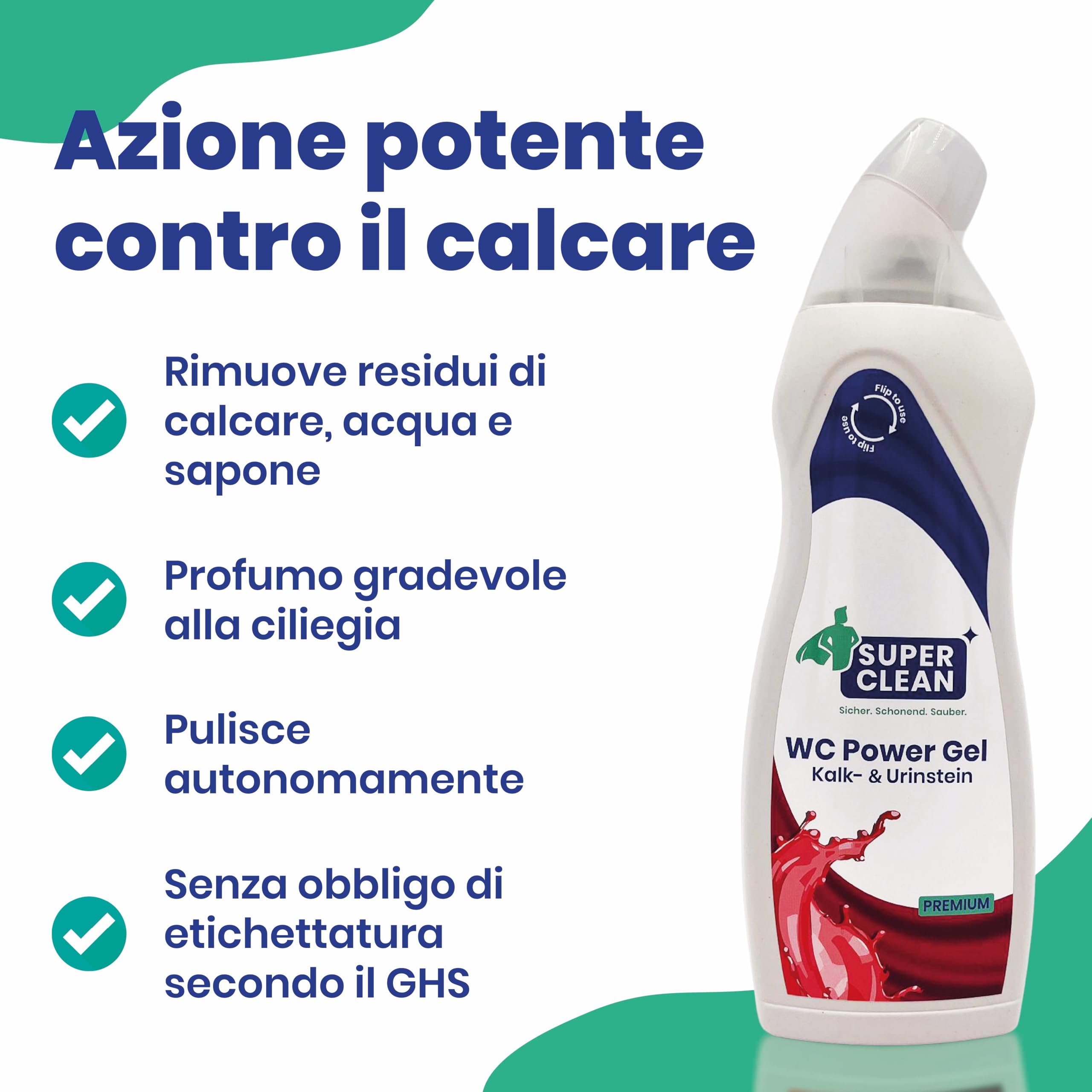 SUPER CLEAN WC POWER GEL 12 x 750 ml – Detergente WC Premium contro Calcare e Incrostazioni – Gel WC Aderente con Profumo di Ciliegia – Delicato e senza Pittogrammi GHS – Made in Germany
