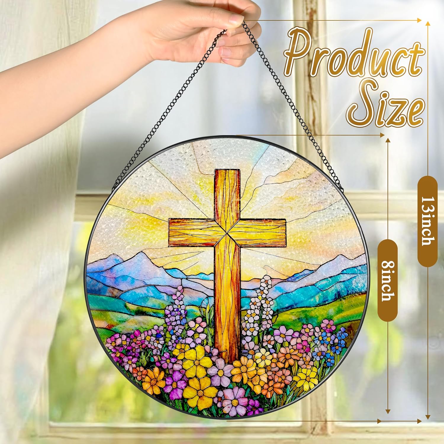 8 Inch Cross Wildflower Stained Glass Suncatcher, Christian Stained Glass Window Hanging, Religious Cross Sun Catcher, Easter Suncatcher Decor, Religious Gifts, Christian Gifts, Easter Gift - Image 4