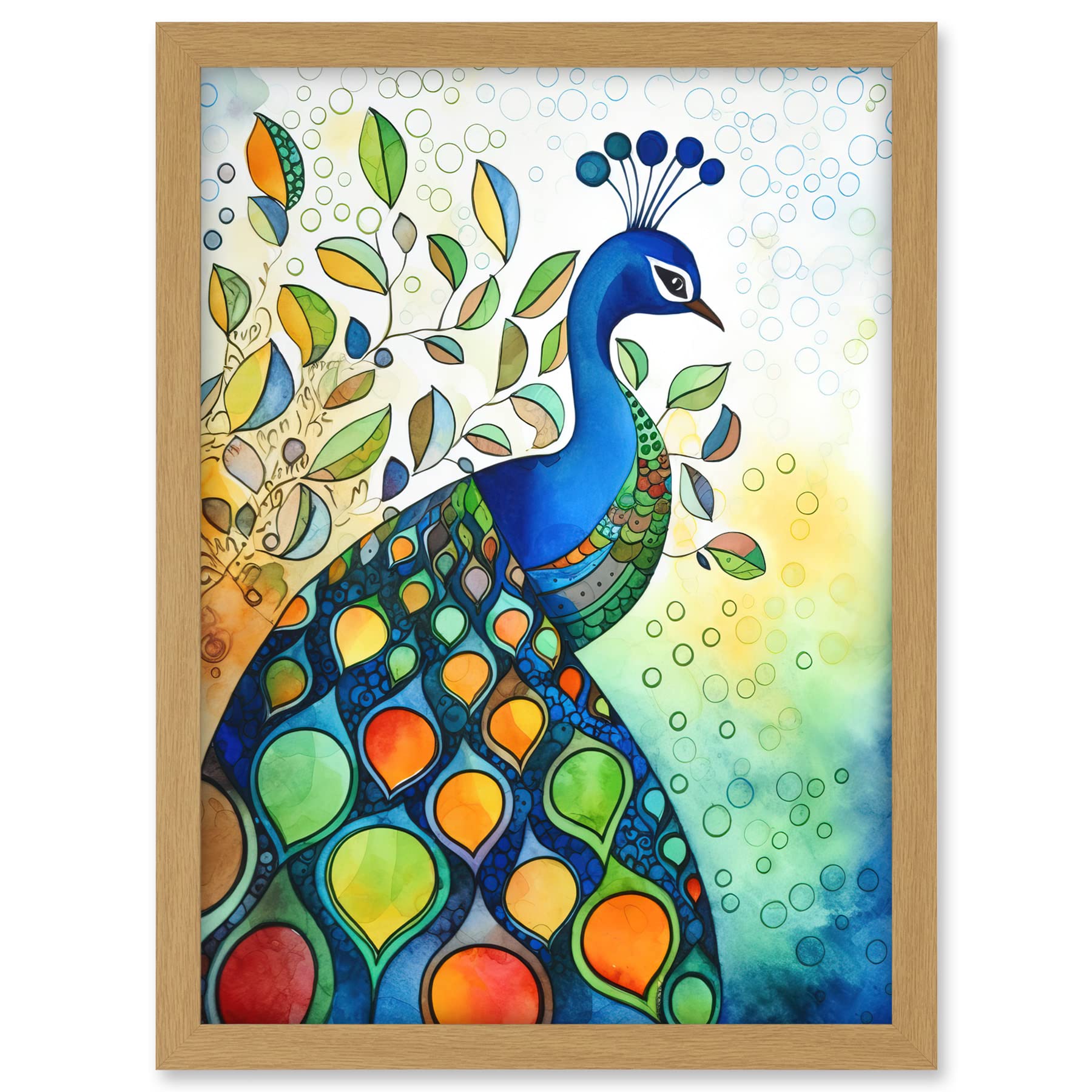 Artery8 Peacock Bird Folk Art Watercolour Painting Artwork Framed A3 Wall Art Print