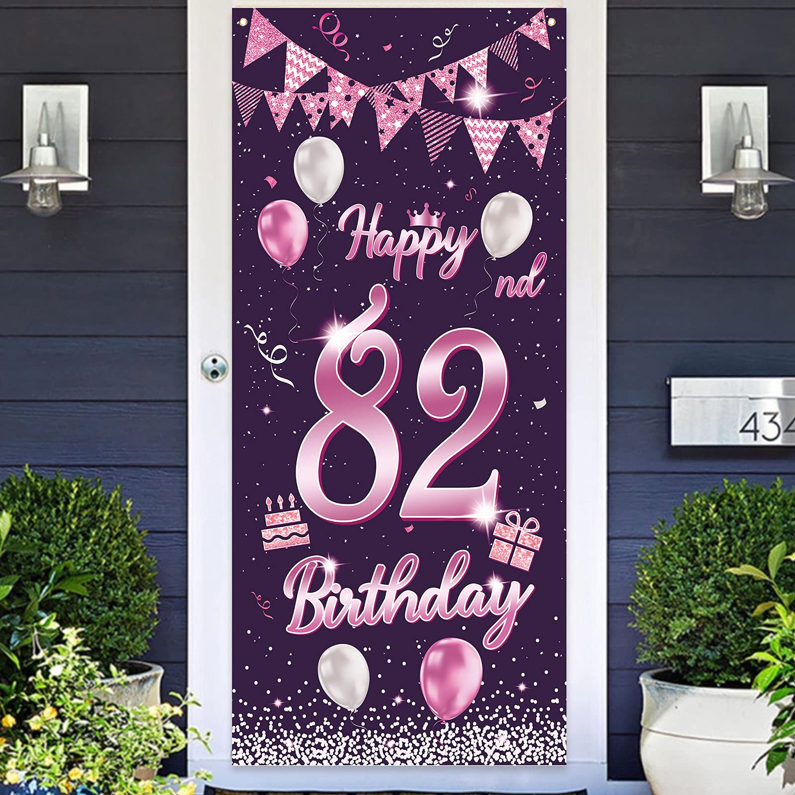 Happy 82nd Birthday Sweet Purple Rose Banner Backdrop Balloons Confetti Cheers to 82 Years Old Bday Theme Decorations Decor for Door Cover Porch Women