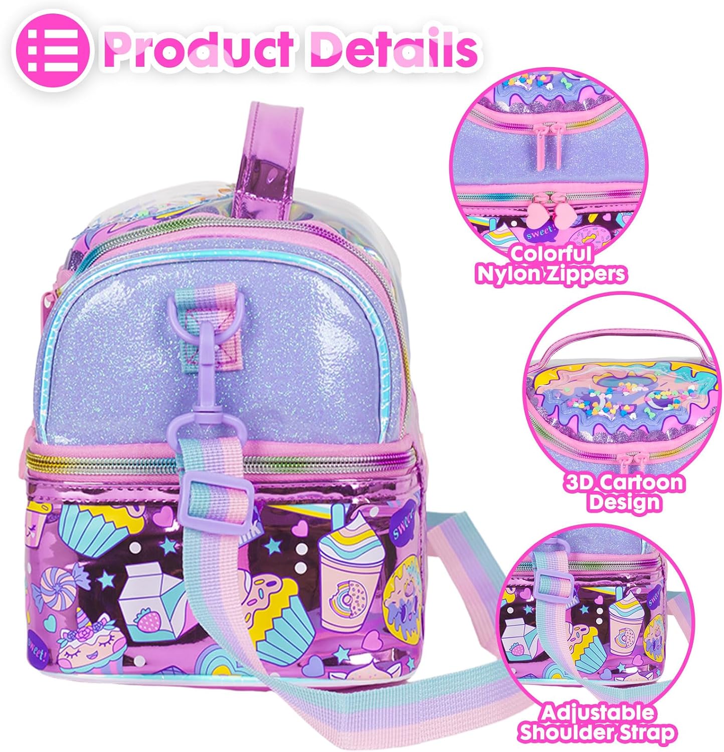 Kids Double Decker Cooler Insulated Lunch Bag, Back to School Large Meal Tote for Boys, Girls, Men, Women, with Adjustable Strap, Dessert