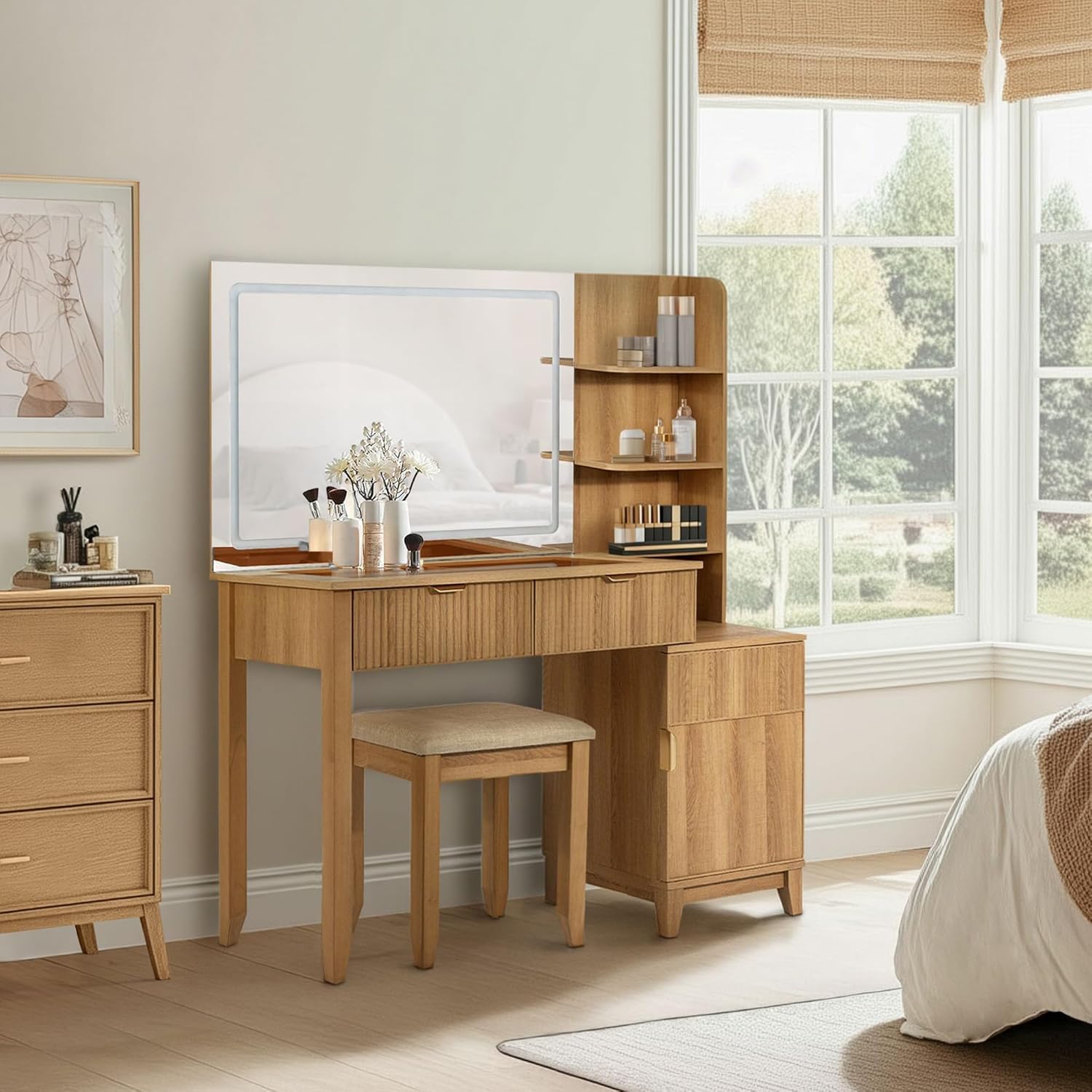 Vanity Desk with Stool, Mirror and Lights 3 Color, Makeup Vanity with Power Outlet, Dressing Table with Drawers, Storage Shelves, Adjustable Brightness, Naturel