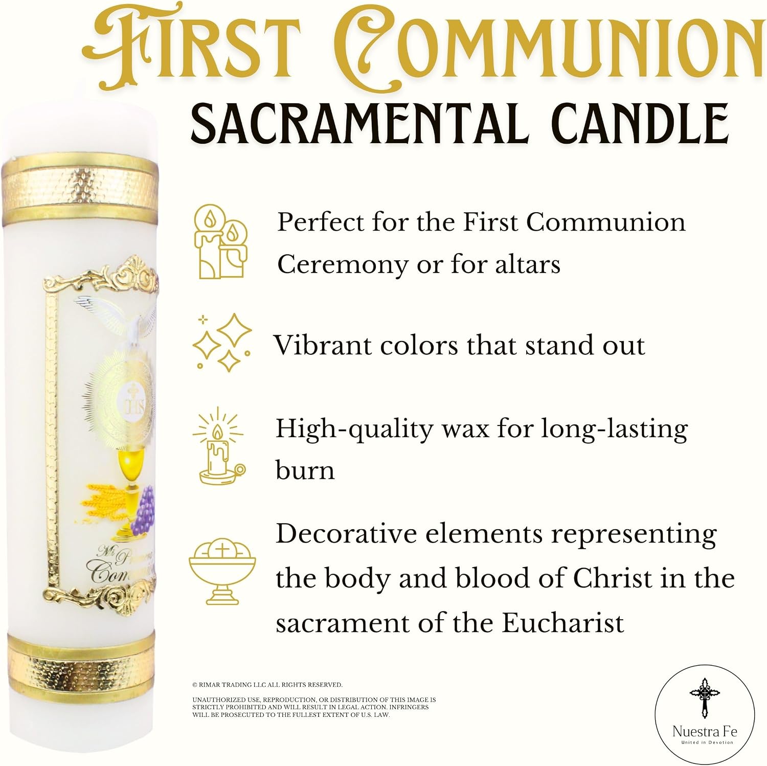 Authenthic First Communion Candle Made by Mexican Artisans at La Villa de Guadalupe | Vela de Primera comunion para niño o niña | Vela para Primera comunion para niña | First Communion Candle Set