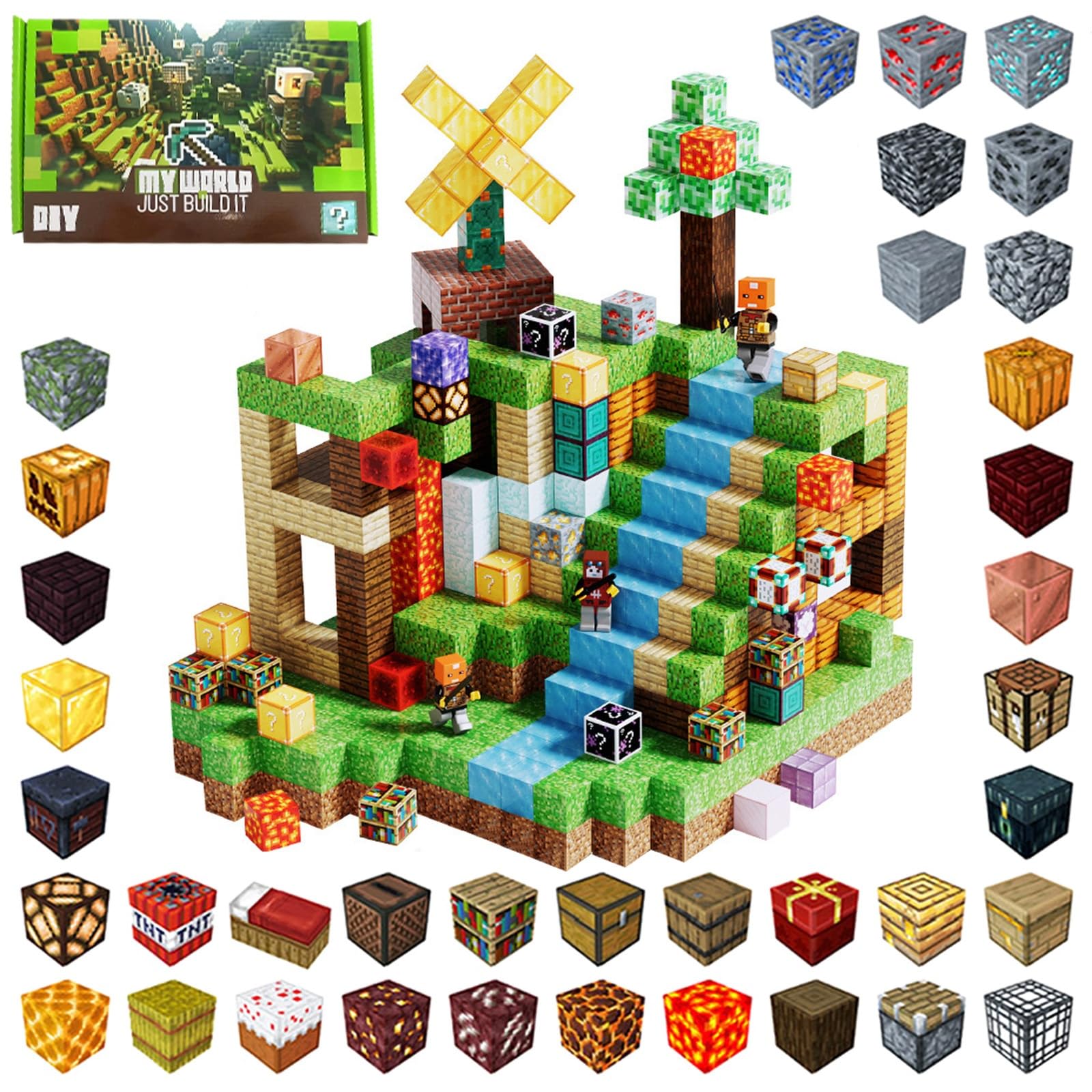 HazyZany Magnetische Bausteine Set–100 Stück Magnetbausteine + 2 Kinderspielzeug Figuren(Zufällige), Baue Mine Magnetwelt, Montessori Kreative Spielzeug ab 4 Jahre, Geschenke für Jungen und Mädchen.