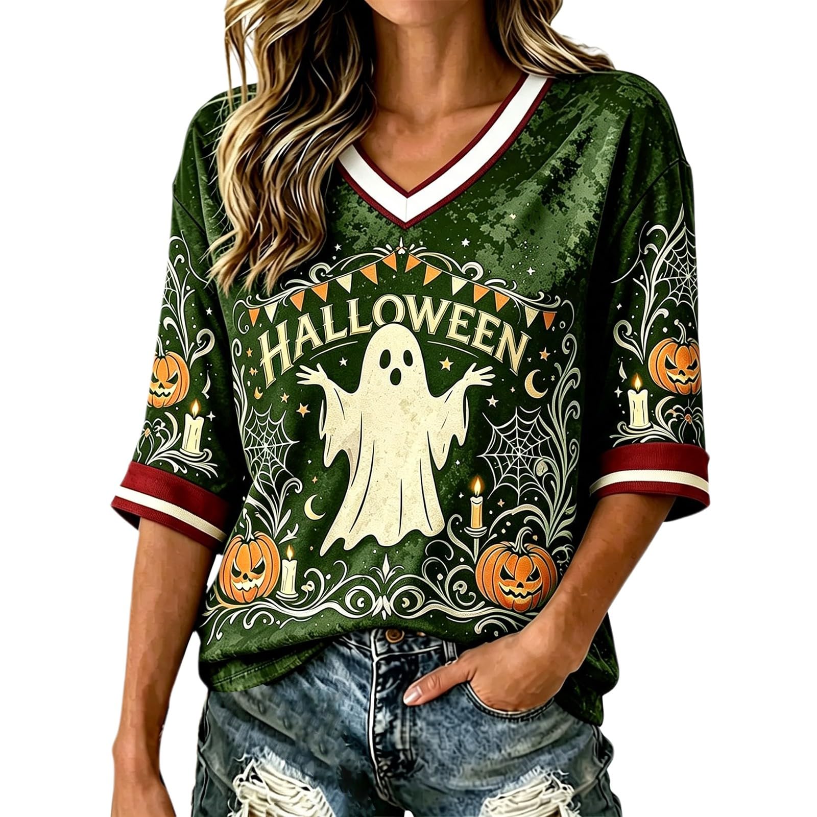 Salem Broom Co Halloween Shirts Women 3/4 Sleeve Vintage Witch Tops Funny Halloween Costumes Casual V Neck Witch Tee Shirts Novelty Fashion Festival Party Clothes (Z01-Green, XXXL)