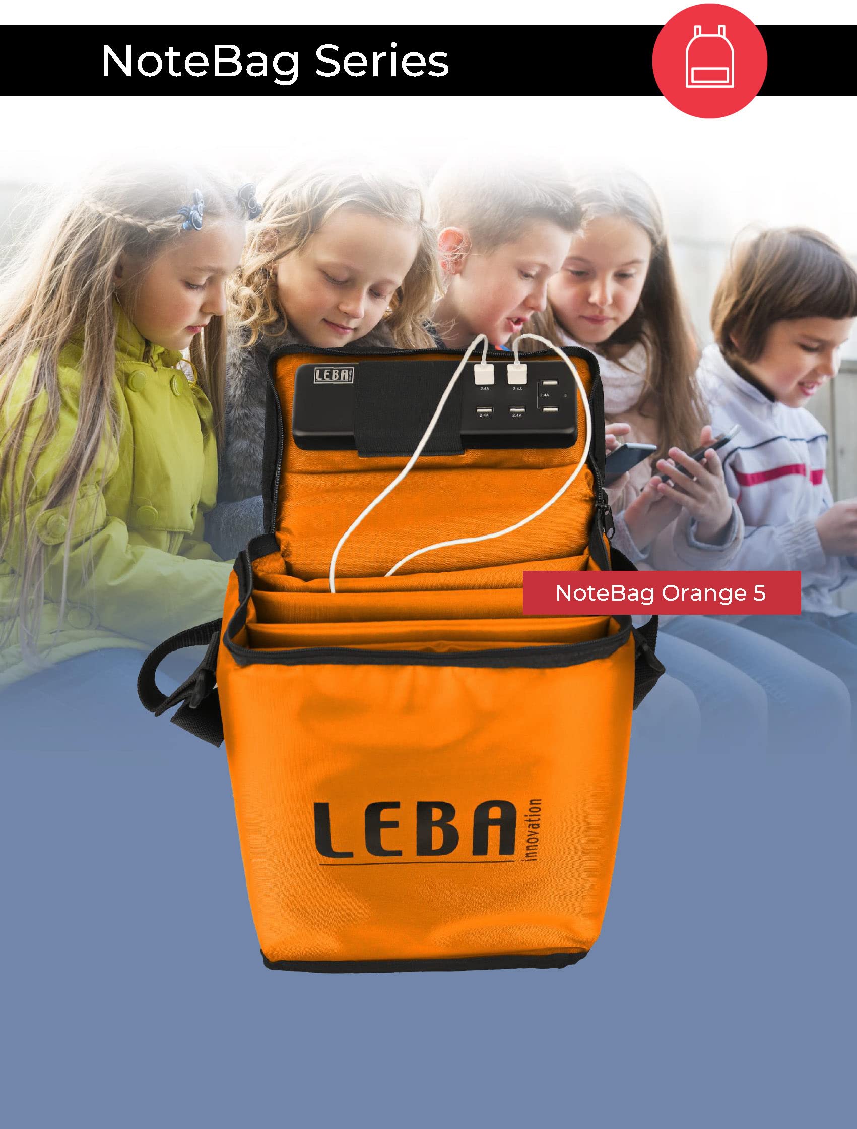 Leba Innovation NoteBag Tablet Tasche für 5 iPads - Gepolstert in Orange | Schultertasche für Tablets bis 11 Zoll und 25mm Dicke, aus robustem Nylon, ideal für Schule, Lehrer und den Transport