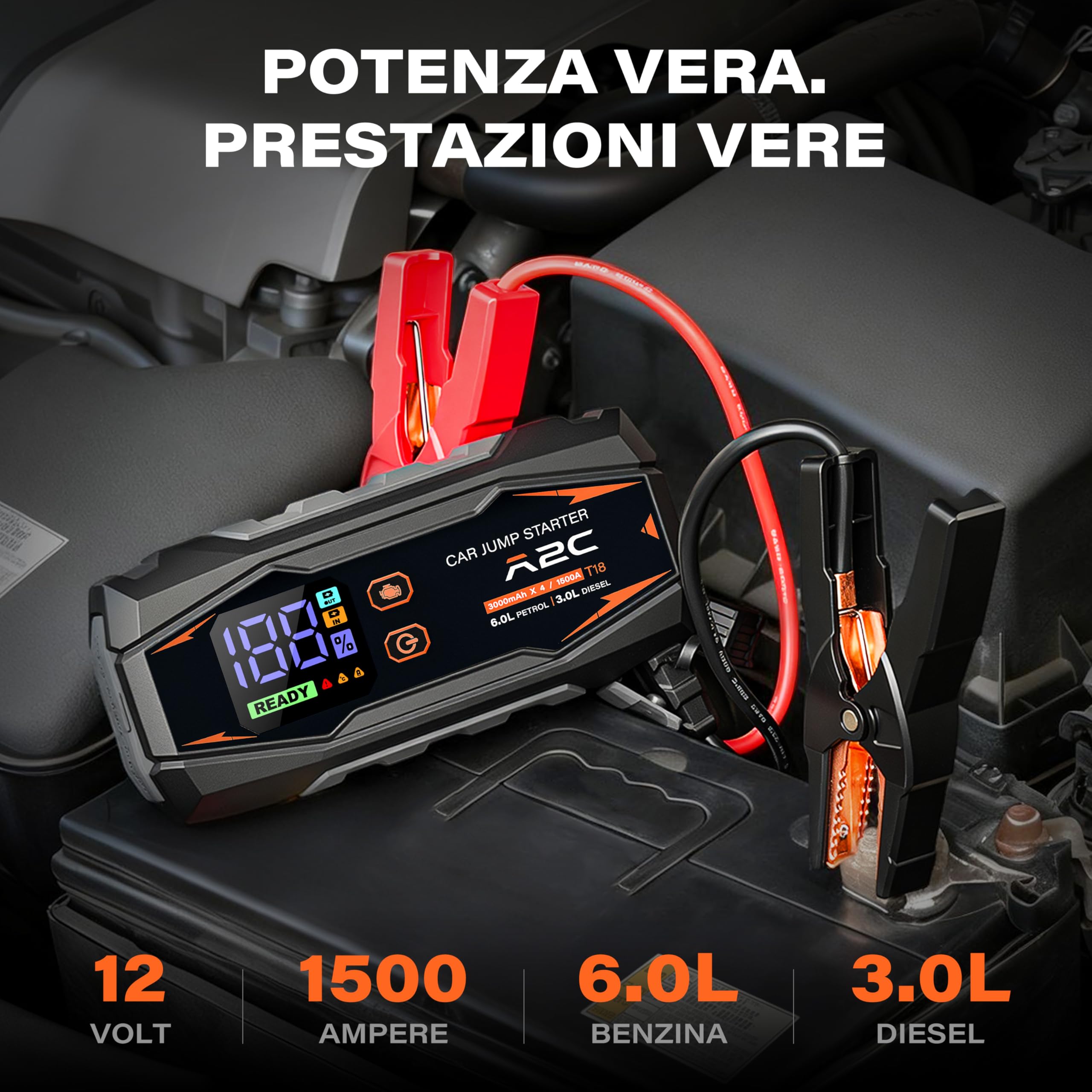 A2C Avviatore Batteria Auto 1500A, 16800mAh/12V per Benzina 6L/Diesel 3L | 3 porte USB-C, ricarica rapida PD/QC 3.0, display LED, pinze di sicurezza intelligenti, include custodia, design compatto