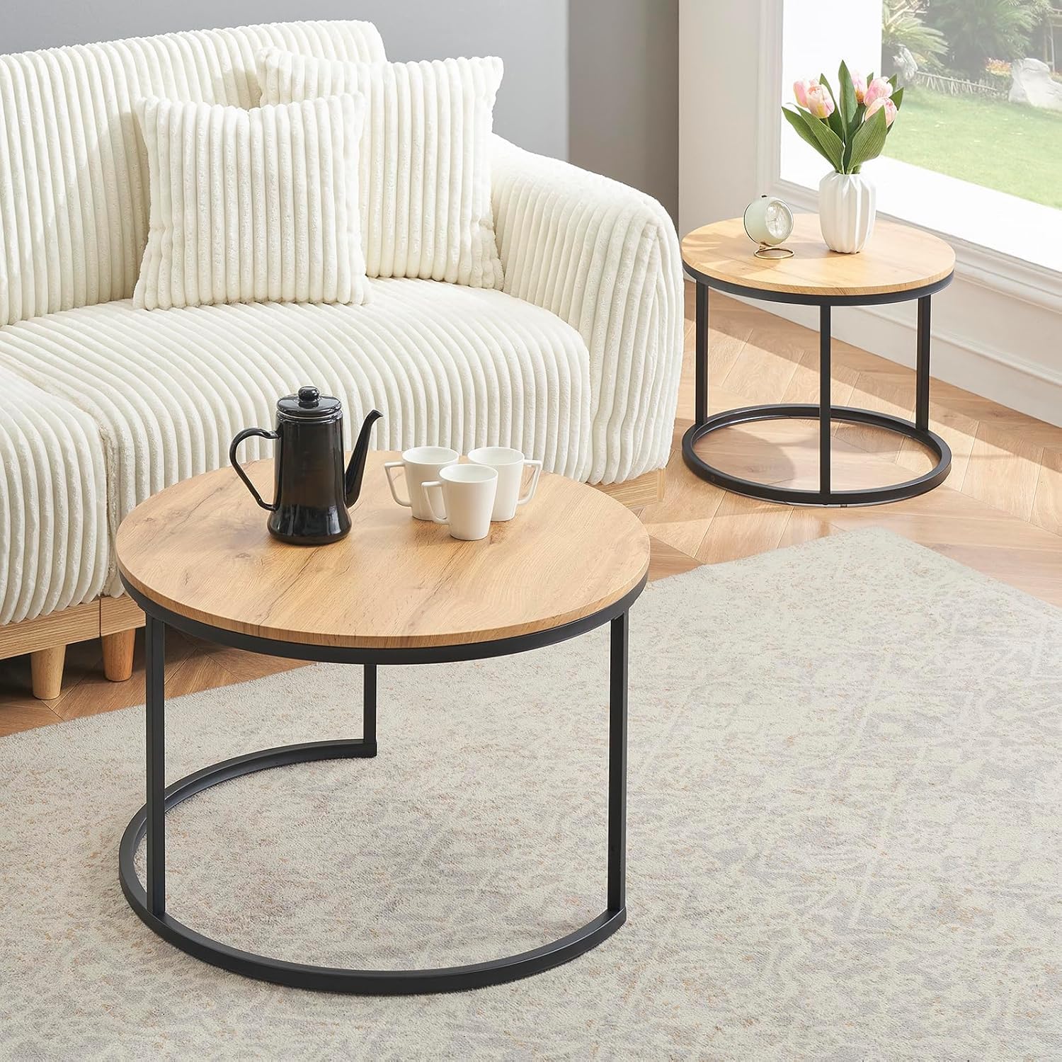 Couchtisch 2er Set, Moderne Couch Tisch mit Schwarz Metallgestell, Couchtisch Eiche, Couchtische Rund Schwarz, Living Room Table, Kaffeetisch, Wohnzimmertisch Holz 70x70x45 & 50x50x35 cm