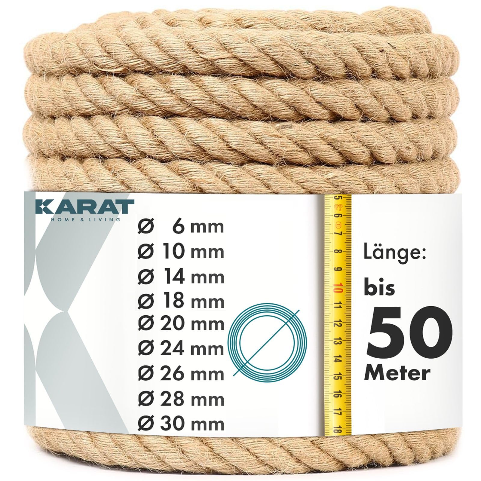 KARAT Juteseil Kletterseil 10m 30mm Dicke Juteschnur, Tau Seil aus 100% Natur Jute extra Starke Juteband Schnur, Kordel Garn für Sport, Garten Dekoration, Bastelarbeiten Kratzbaum