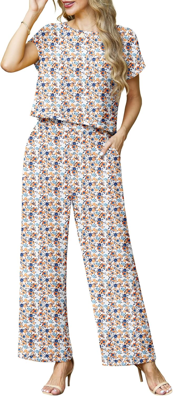 Lepunuo 2 Piece Sets for Women Summer Cap Sleeve Crop Top Wide Leg Pants Matching Lounge Set Vacation Beach Travel Outfits
