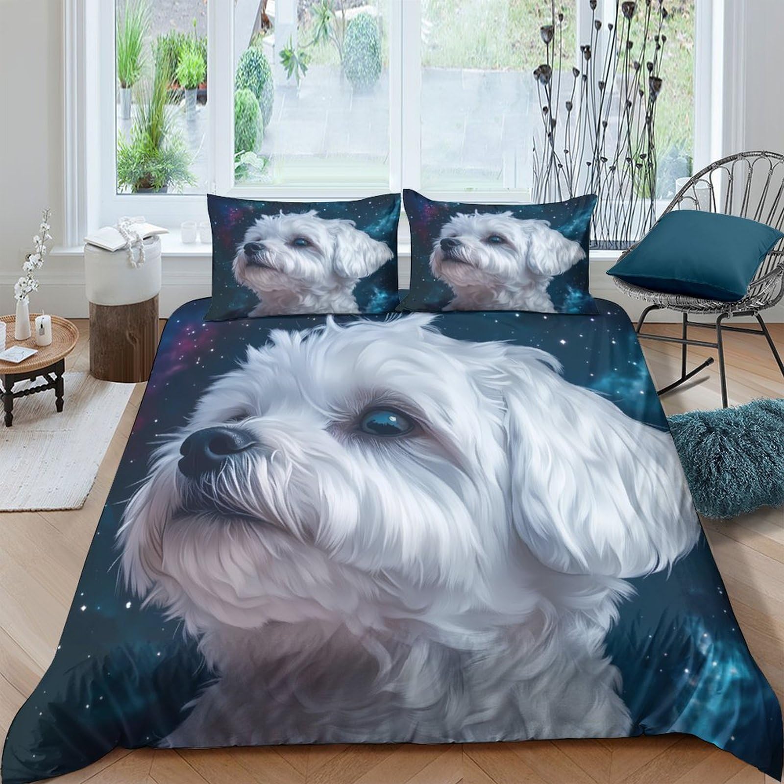 Ctjqhvkz Style-1 3D Printed White Dog Portrait Fitted Sheet Microfiber Soft Animal Bed Cover For Bedroom Guest Room Decor Single（135X200cm）