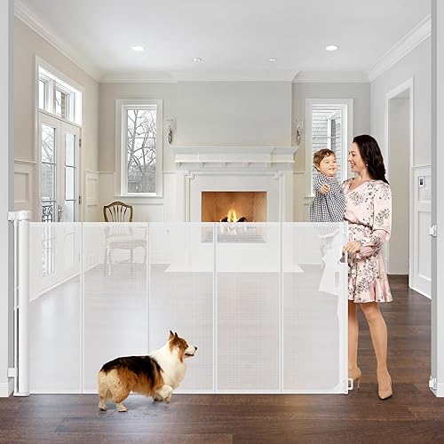 Miniatura 15 de Puerta Reforzada para Mascotas Extra Alta de 42" y Puerta Retráctil para Bebés de 55" de Ancho con Varillas de Soporte - Puerta Retráctil para Negro